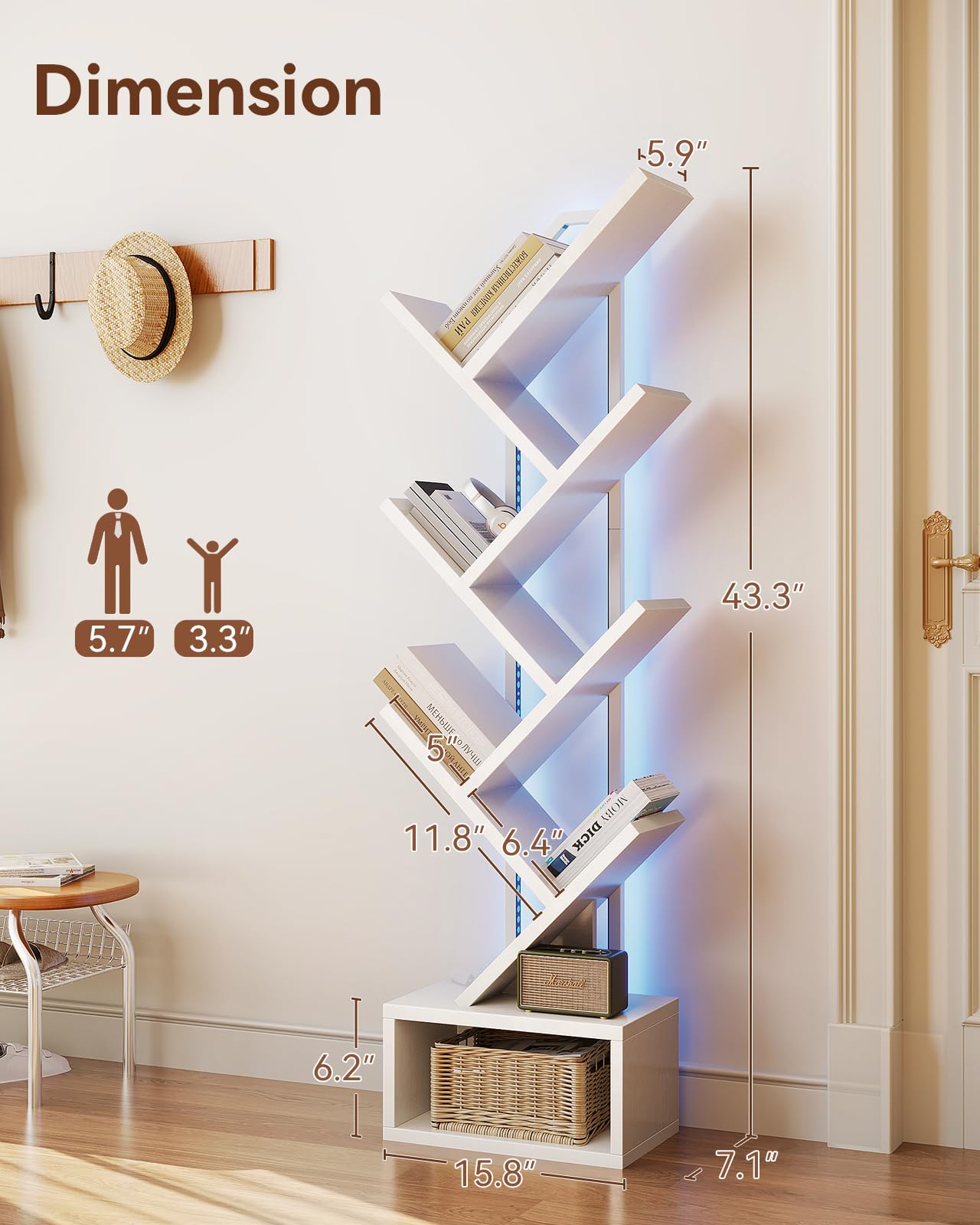 Casaottima Tree Bookshelf with LED Lights, 6-Tier Narrow Bookcase for Small Spaces, Tall Steel & Wood Storage Shelf with Cabinet, Home Decor & Organizer for Living Room/Bedroom/Home Office, White