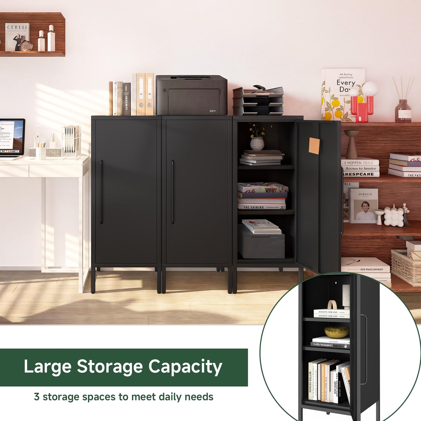 PEROKIER Metal Storage Cabinet with Door & 2 Adjustable Shelves 39.5” Small Storage Cabinet with Magnetic Closure for Home Office Garage Kitchen (Black)