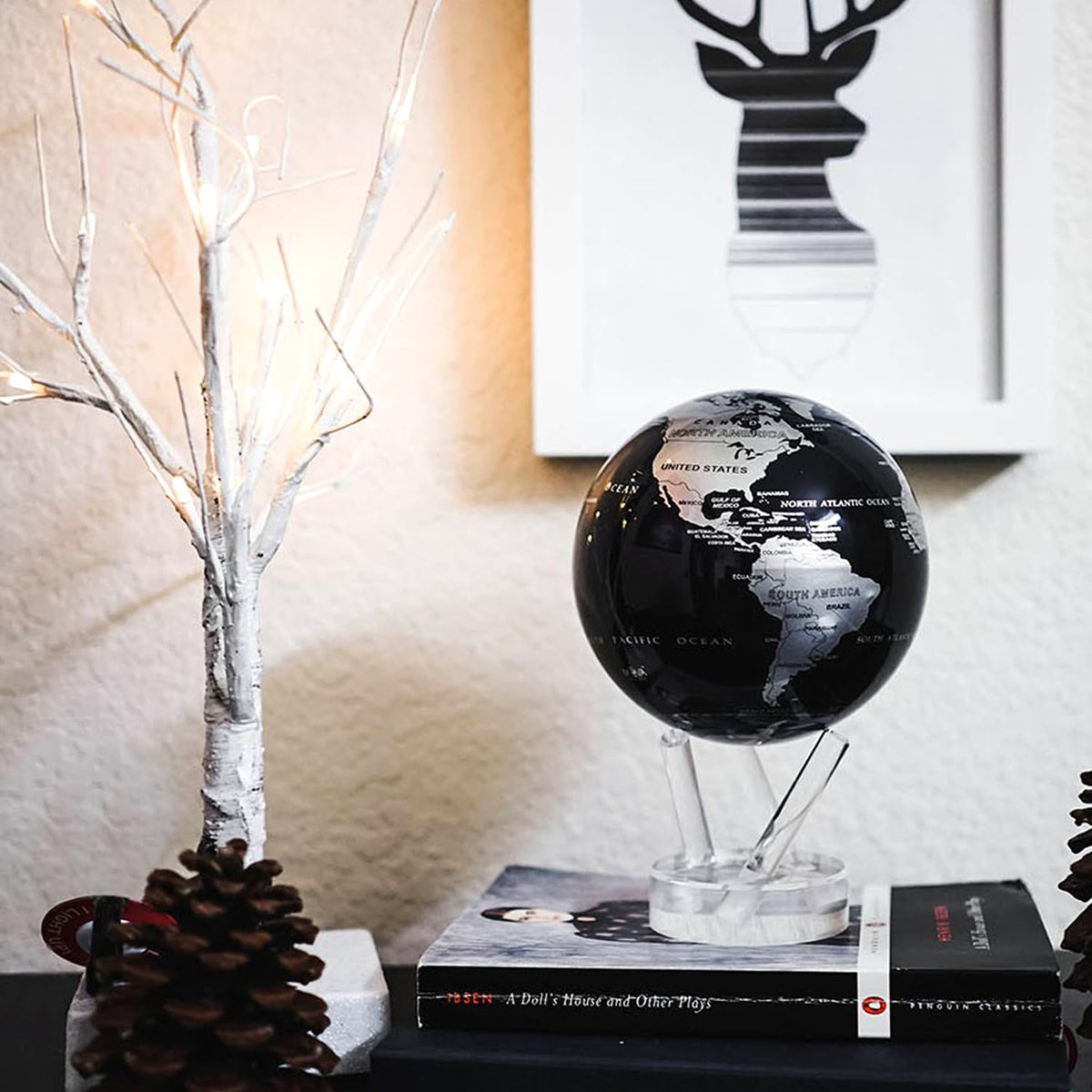 MOVA Globe - Jet Black and Silver Signature (6") | Solar-Powered Rotating Desk Globe with Minimalist Map Design | No Batteries or Cords | Modern Decor Gift