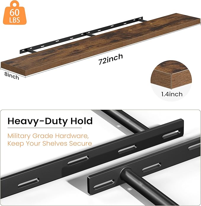 Fun Memories Floating Shelves for Wall, 72 Inch Long Set of 2 Rustic Wood Wall