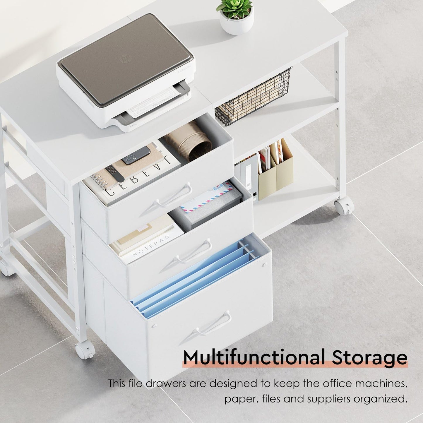 Maihail 3 Drawer File Cabinet with Wheels Rolling Printer Stand with Open Storage Shelf Fabric Lateral Filing Cabinet for Home Office,White