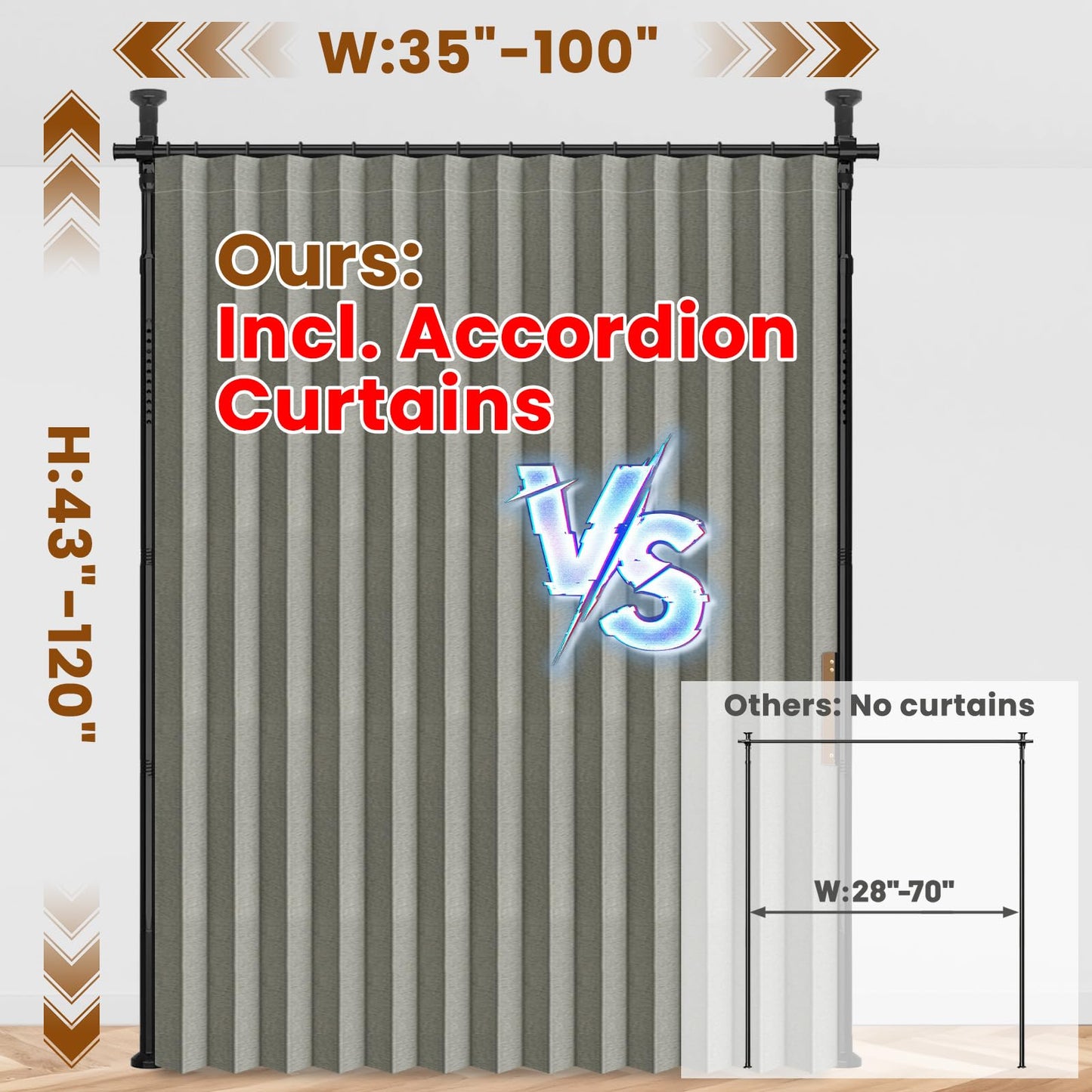 100% Blackout Room Divider Curtains Sets Grey W100 x L84 in 1 Panel No Drill Curtain Rods(H) 43-120×(W) 35-100 in for Bedroom Privacy Partition Separator