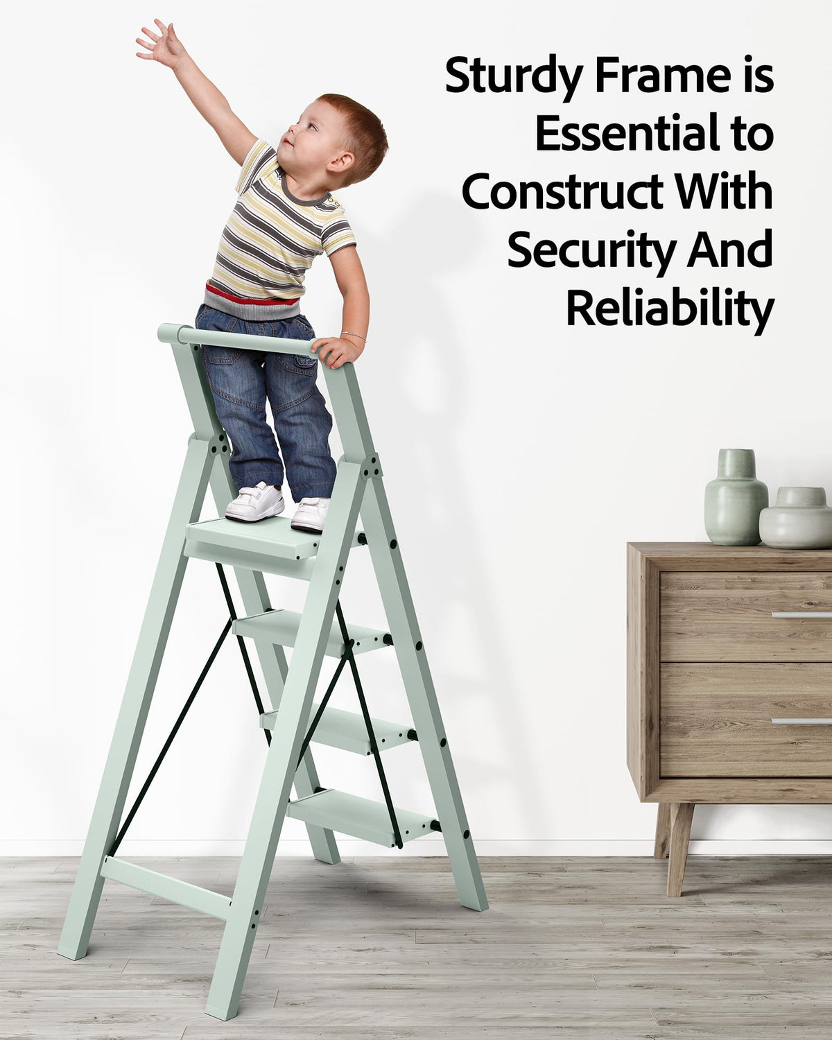 Taranta 4 Step Ladder, Lightweight Aluminum Step Stool with Convenient Handgrip, Folding Ladder with Anti-Slip Pedals, 330lbs Capacity Stepladder for Home, Office, Kitchen - Fairyland Green