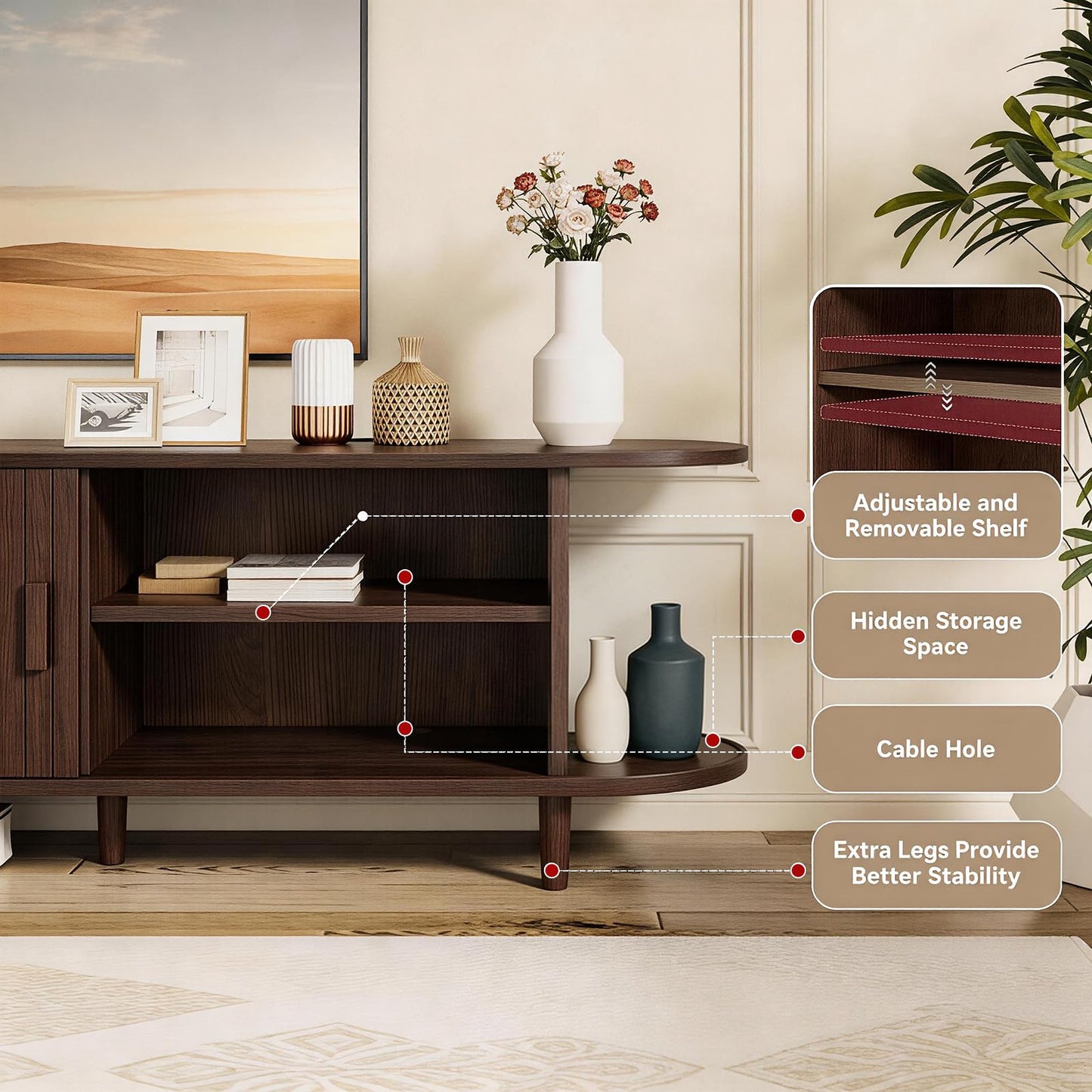 OneBlis 65" Mid Century Modern TV Stand with Power Outlet, Fluted Entertainment Center with Storage and Adjustable Shelves, Wood TV Console with Sliding Doors for Living Room, Walnut