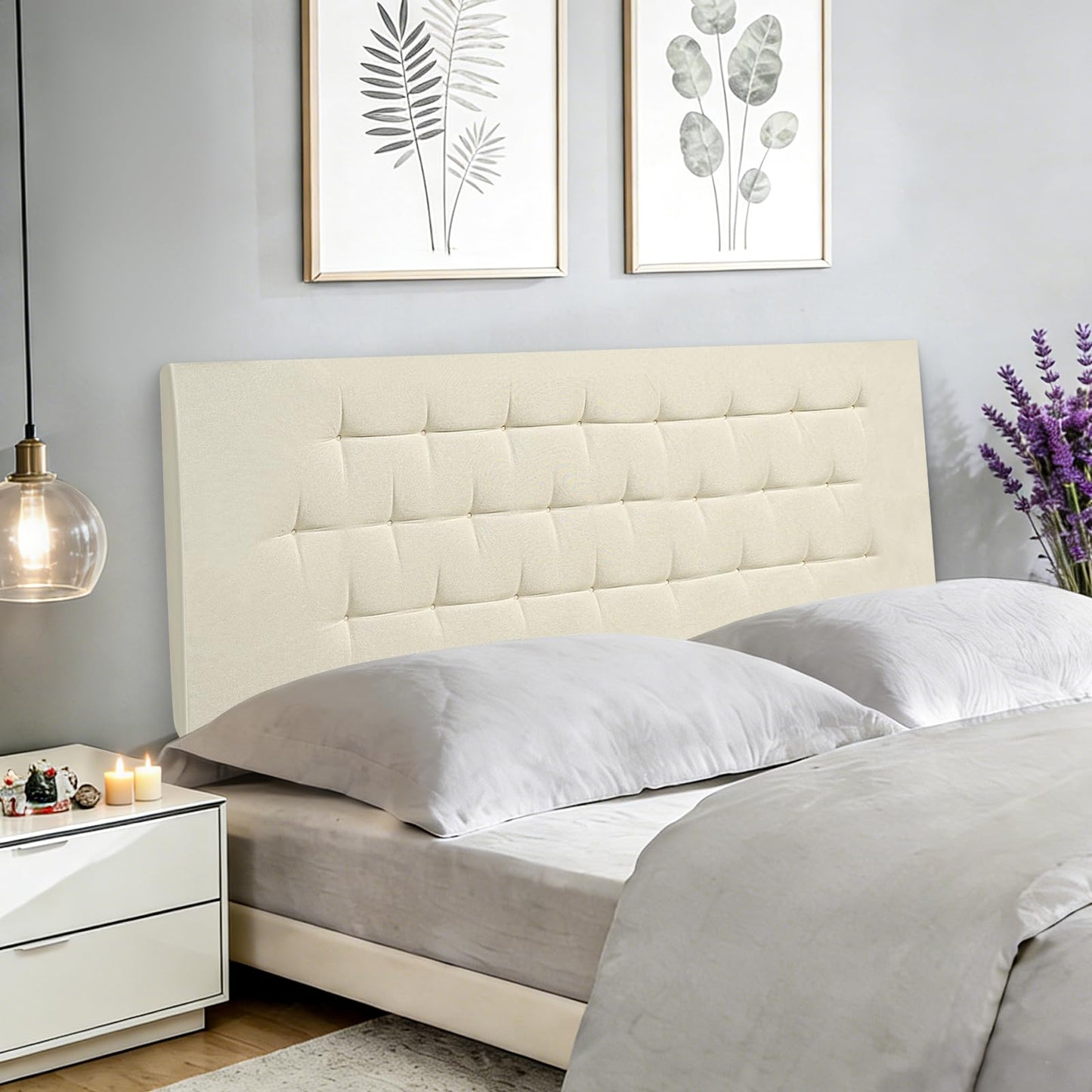 Wouherkexm Upholstered Headboard Full Size, 54" x 21" Easy No-Tools Wall Mounted Bed Headboards, Modern Linen Button Diamond Tufted Design, Beige