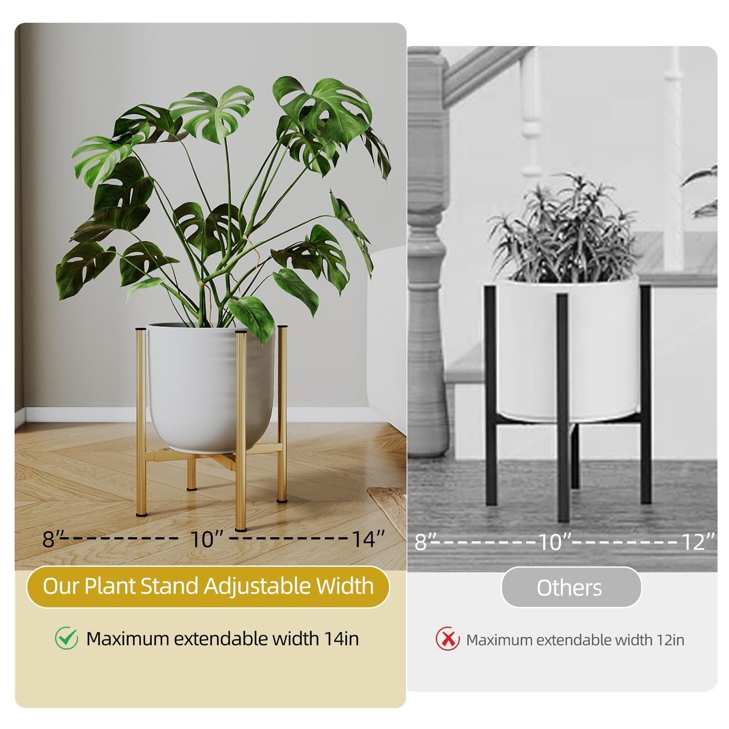 Rioneta Adjustable Metal Plant Stand Indoor, Fits 8-14 Inch Pots, Mid Century Modern Gold Planter Holder,2 Heights, Heavy Duty 160 lb, Indoor Outdoor Corner Floor Pot Stand, Golden