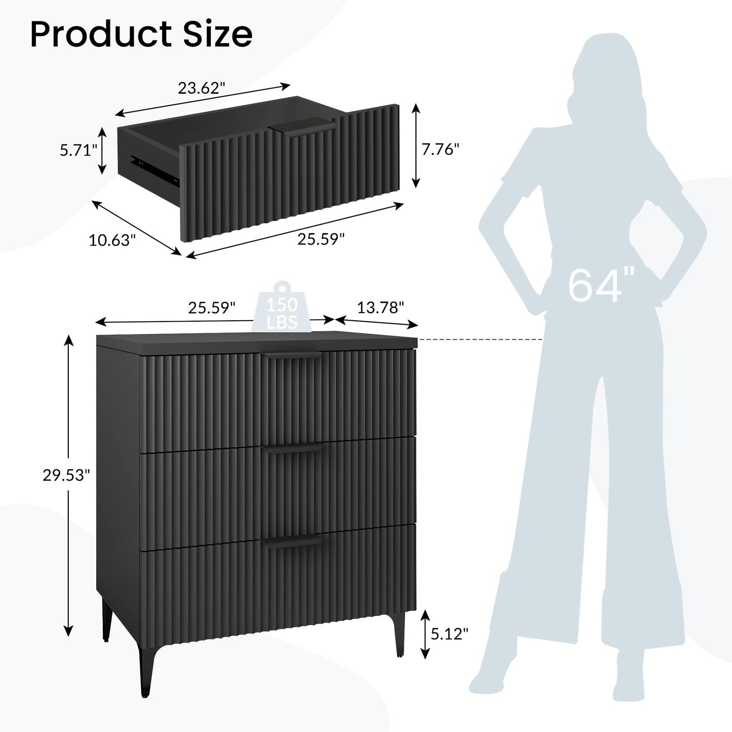 25.6" W Black Fluted Nightstand with 3 Drawer, Modern Wood Night Stands Bedside Table for Bedroom King/Queen Bed, End Table with Robot-Friendly Legs for Living Room,Entry