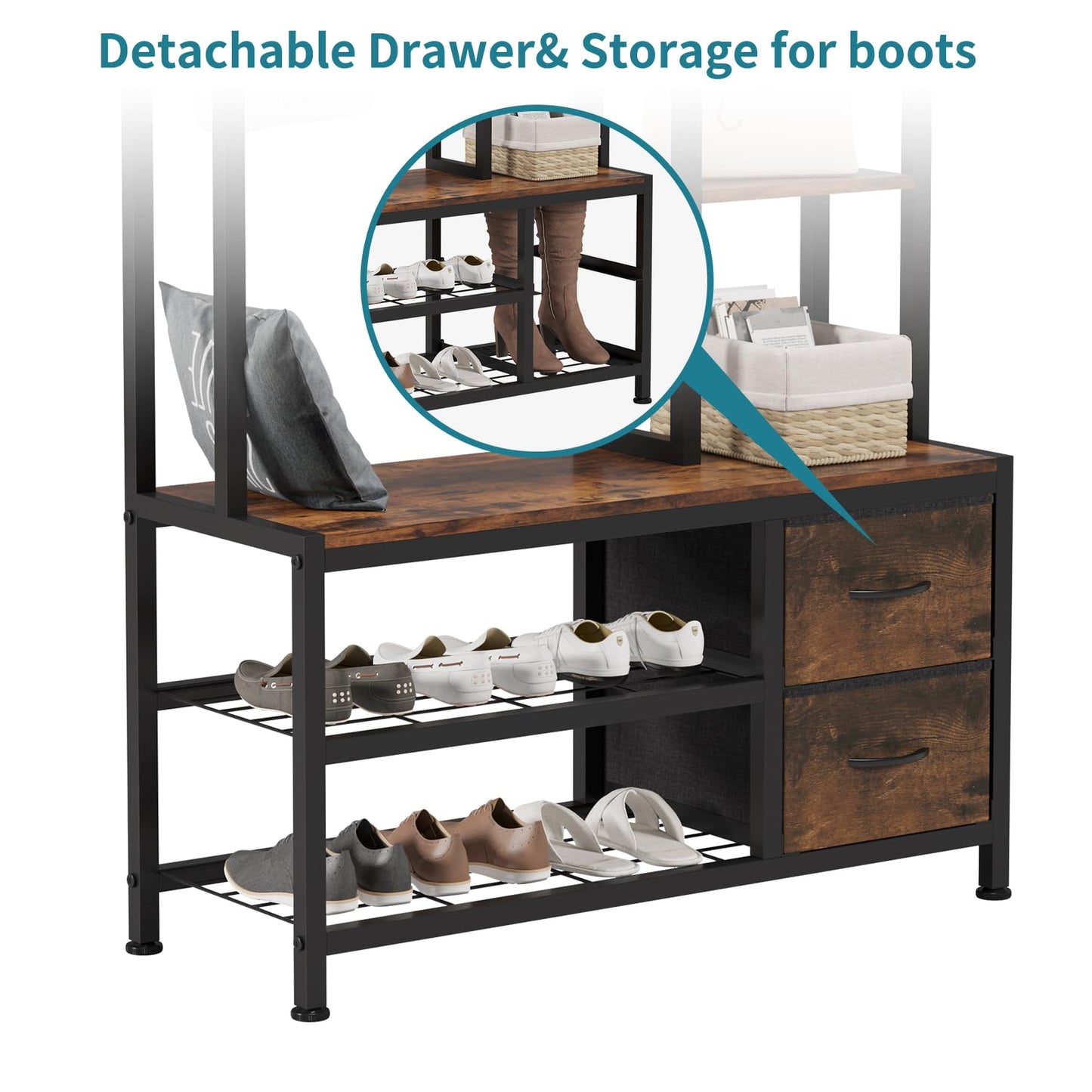 LUMTOK Hall Tree with Bench Storage and Shoes Storage, Hall Tree with Drawers and Shelves for Bedroom, 6-in-1 Entryway Organizer with Shelves, Living Room, Entryway, Closets (Rustic Brown)