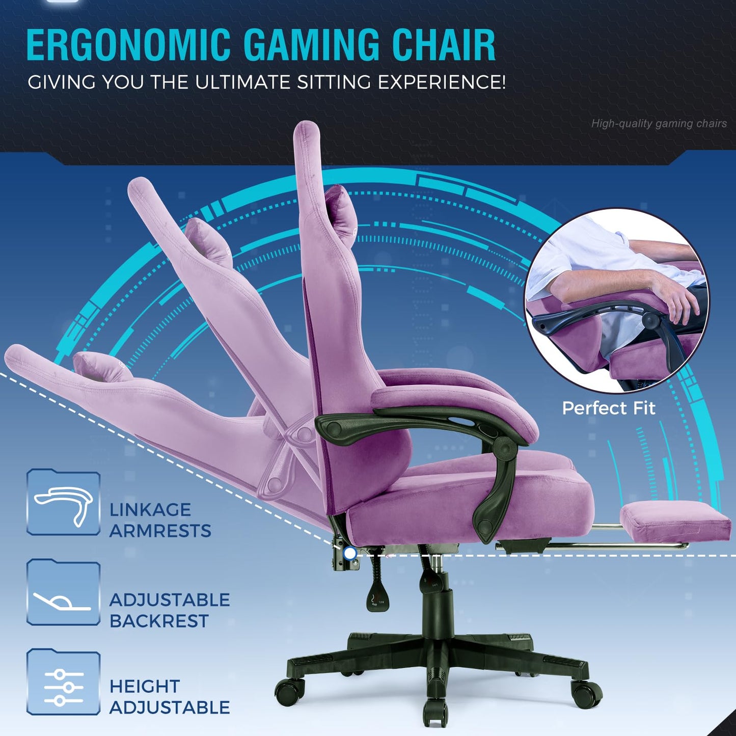 GTPLAYER Gaming Chair Fabric with Pocket Spring Cushion, High Back Ergonomic Computer Chair with Footrest for Adults Lumbar Support Swivel Game Chair for Office Gaming 350LBS, Light Purple