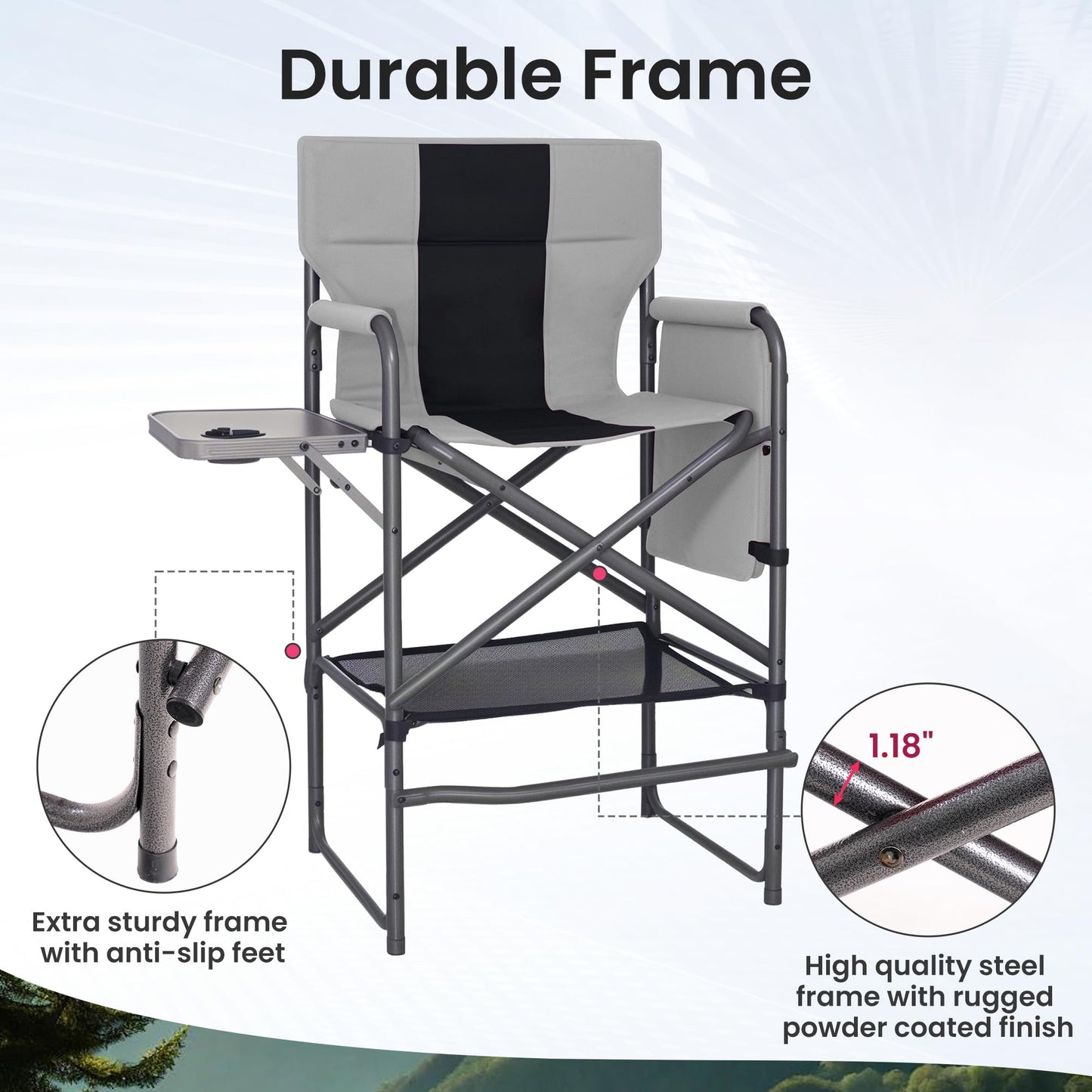 Foristrail 30" Bar Height Director Chair - 400lbs Heavy Duty with Detachable Footrest & Side Table, Portable Foldable Chair for Makeup Artists/Outdoor Events (Black/Gray)