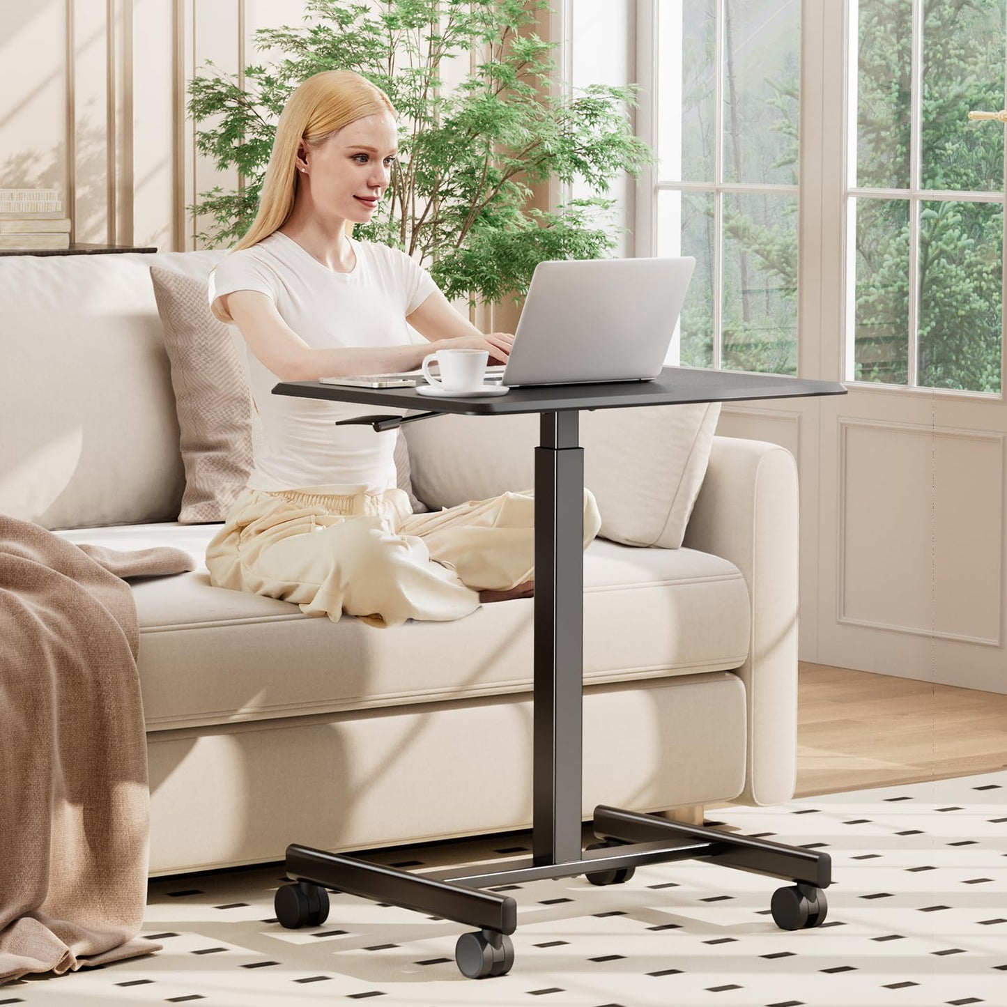 OLIXIS Small Standing Desk with Locking Wheels, Mobile Portable Rolling Laptop PC Table, Adjustable Height Computer Workstation for Home Office, 19 Inch, Black