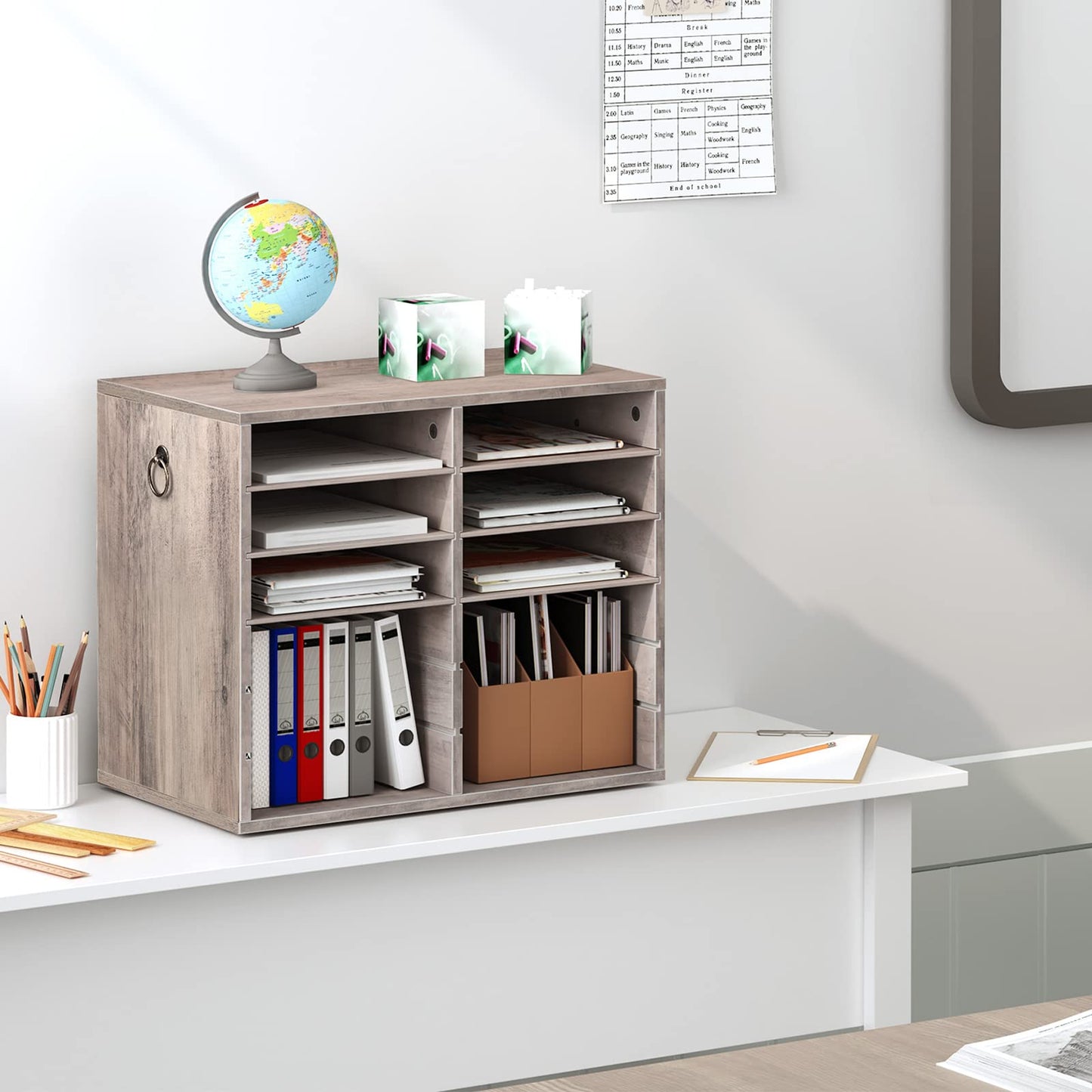HOOBRO Literature Organizers, 12 Compartments Office Mailbox with Adjustable Shelves, Wood Countertop Literature Sorter for Office, Home, Classroom, Mailrooms Organization Greige BG12WF01