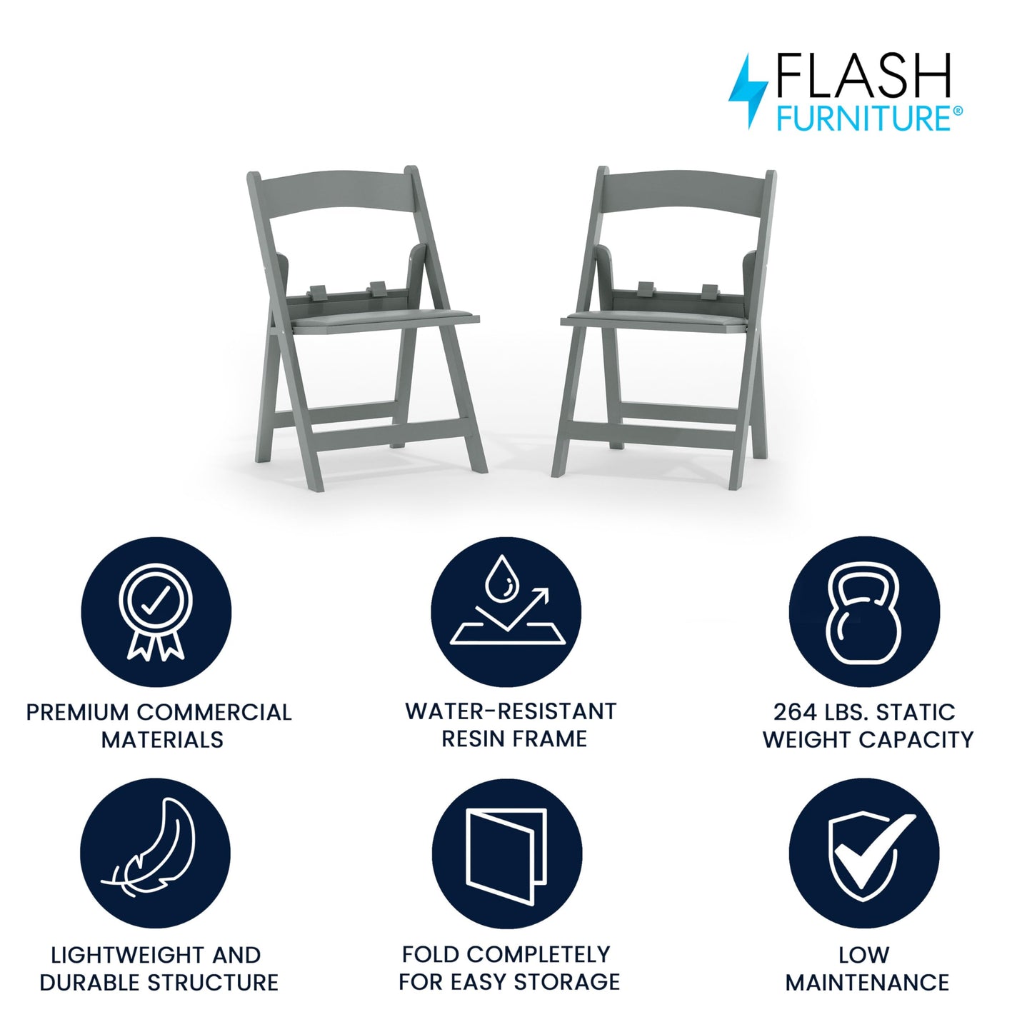 Flash Furniture Hercules Set of 2 Kids Gray Resin Folding Chairs with Gray Vinyl Padded Seats