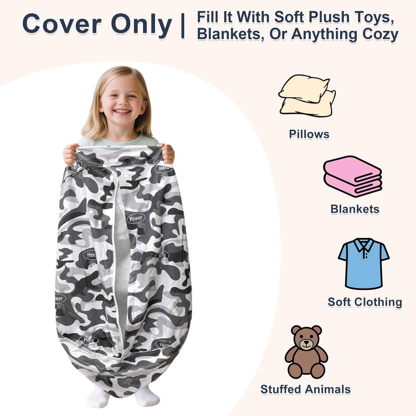 Lukeight Camo Stuffed Animals Storage Bean Bag Chair Cover for Adult Teen, Cozy Velvet Plush Toy Organizer Seat, Cover Only, No Filling Included, Long YKK Zipper, Side Pocket, XXX-Large 42 x 23 in
