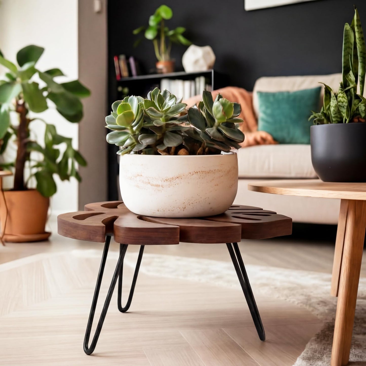 Novabright Monstera Leaf Short Plant Stand Small Wooden Plant Stool Stand Risers Pedestal Display Decorative for Flower Indoor Outdoor Rustic Farmhouse Table Balcony Home Office Bedroom Decor
