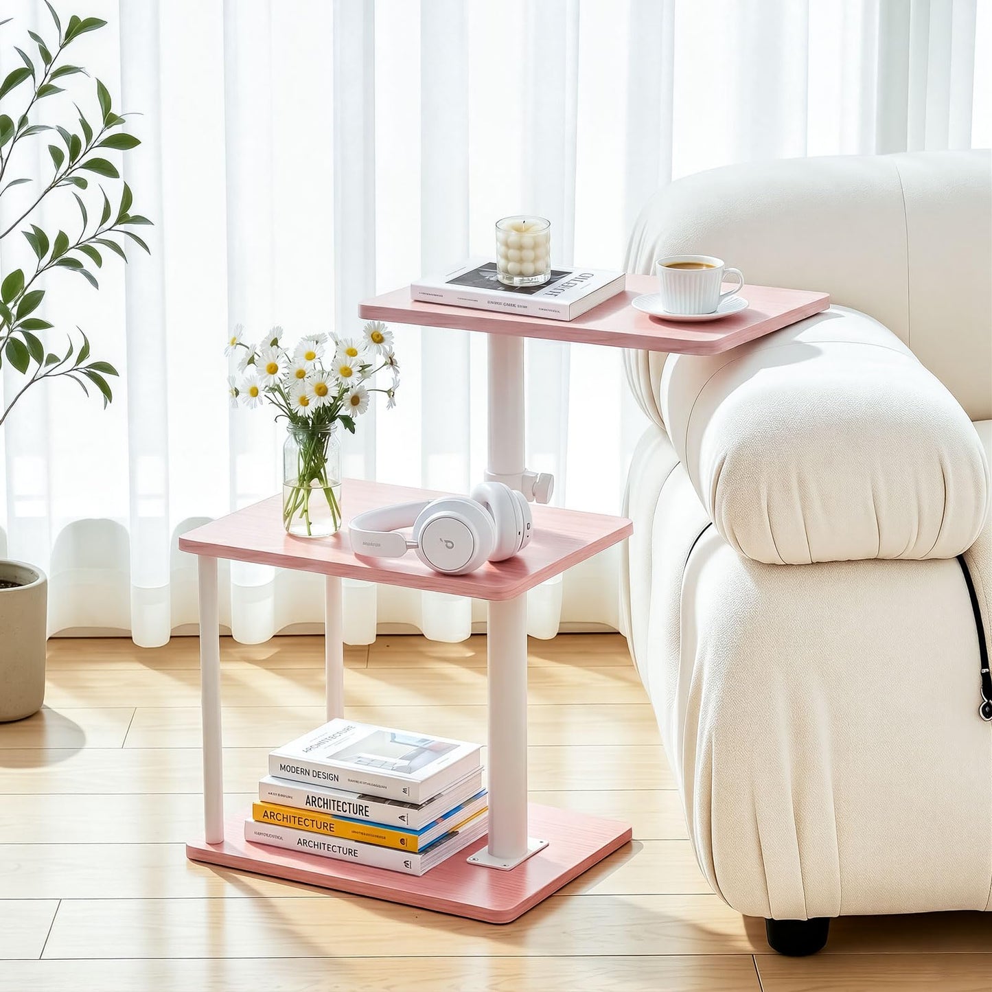 Faesun Swivel Side Table for Couch Arm, Adjustable C End Table for Recliner or Bed, Tv Trays with Storage Shelf for Small Spaces Small Nightstand Table for Living Room, Bedroom，Pink
