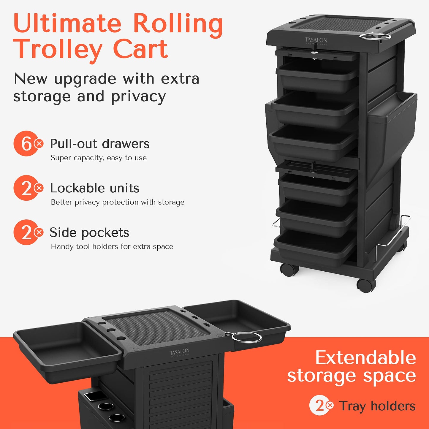 TASALON Professional Salon Trolley Cart, Lockable 6 Trays & 2 Holders, Space Saving Mobile Storage for Hair Salon and Beauty Station - Black