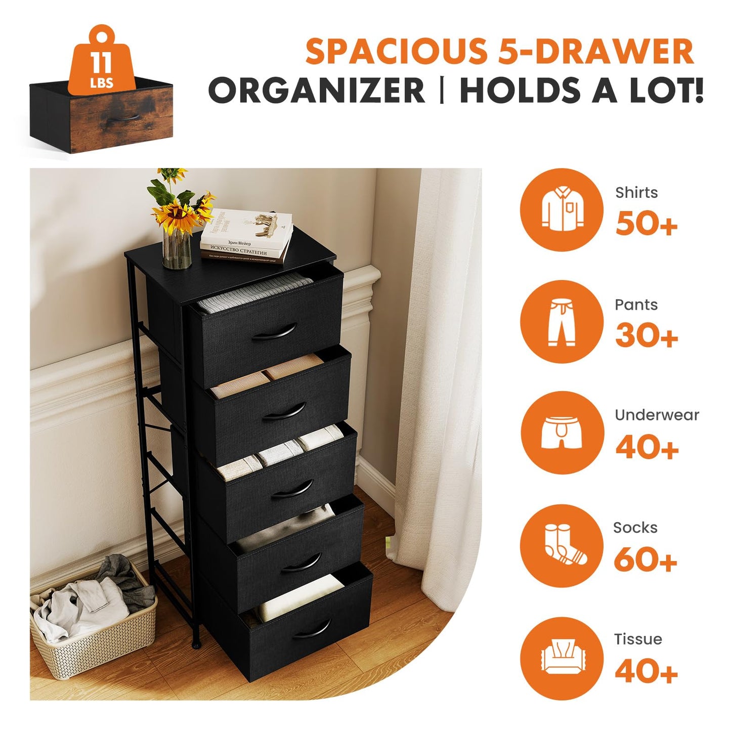 Sweetcrispy 5 Drawer Dresser with Fabric Bins Steel Frame Wood top Storage Chest for Bedroom Closet Hallway Black Compact Organizer Durable Home Storage Solution