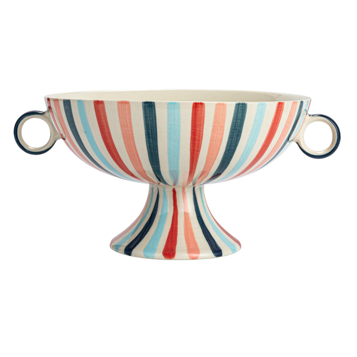Creative Co-Op Hand-Painted Stoneware Footed Bowl with Handles and Stripes, Multicolor