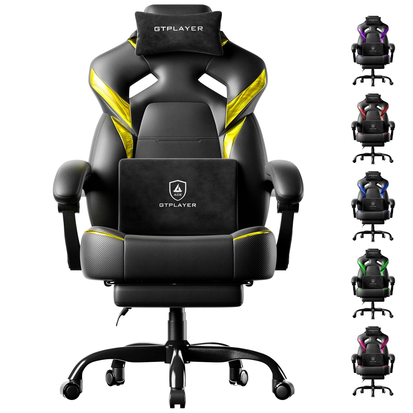 GTPLAYER Big and Tall Gaming Chair for Adults, Ergonomic Office Chair with Footrest, Heavy Duty 350 lbs Capacity, High Back, Premium Leather & Iridescent Trim, ACE-Armor, Yellow (Iridescent)