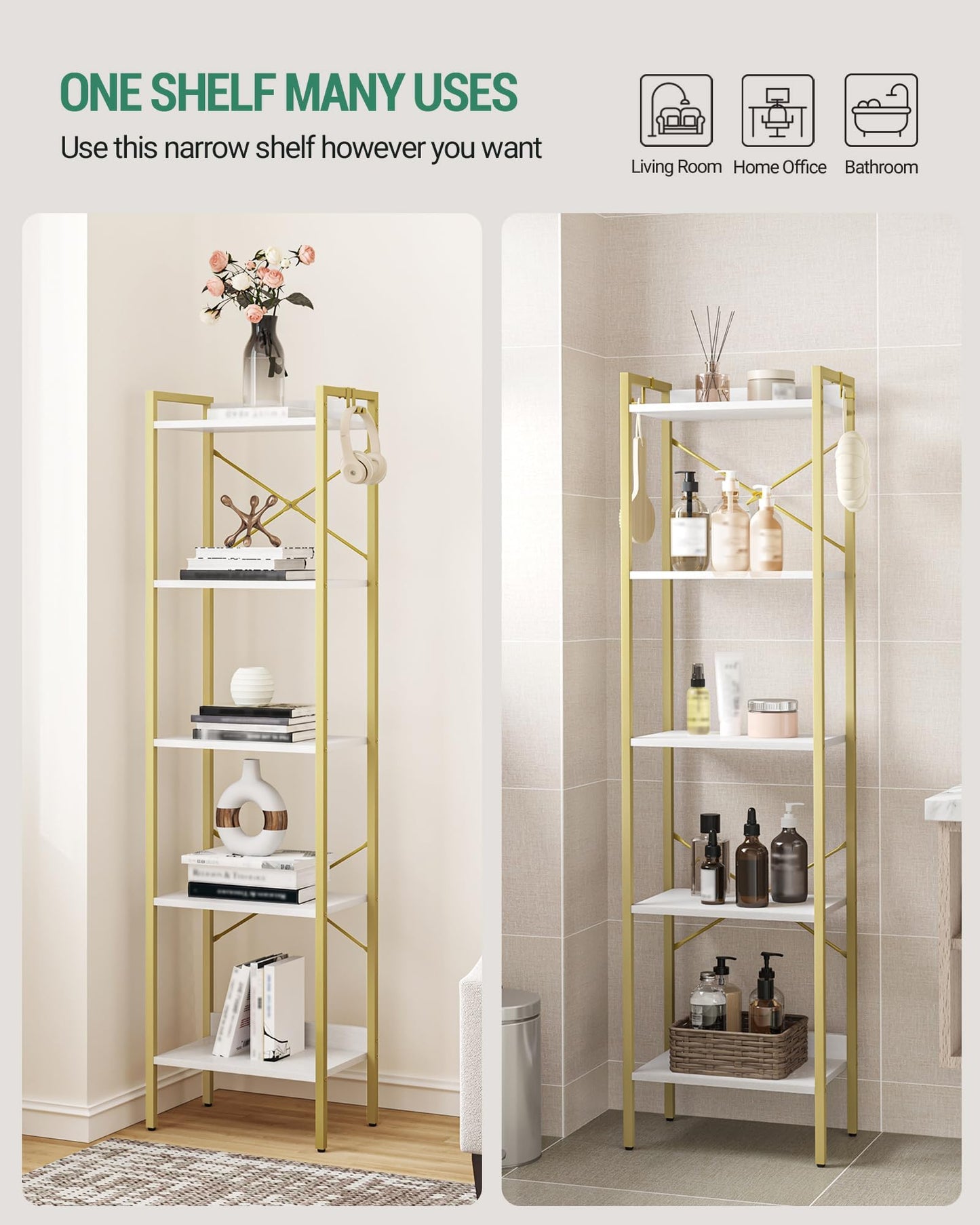 Hzuaneri Bookshelf, Book Shelf, Industrial Bookcase with 2 Hooks, Coner Shelf Storage Organizer for Home Office, Living Room, Bedroom, Kitchen, 5-Tier White Gold BC10513G