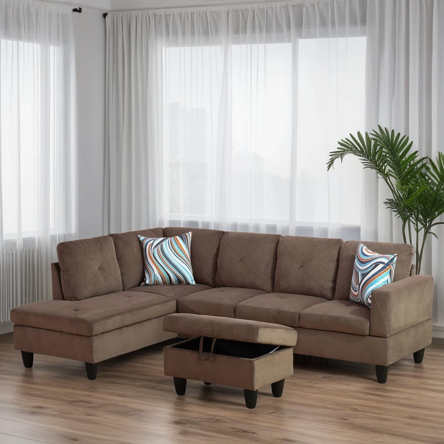 Trygoal 97" L Shaped Couches for Living Room, Sectional Couch Living Room Furniture with Storage Ottoman, Modular Sectional Sofa with Movable Chaise for Apartment Office, Brown