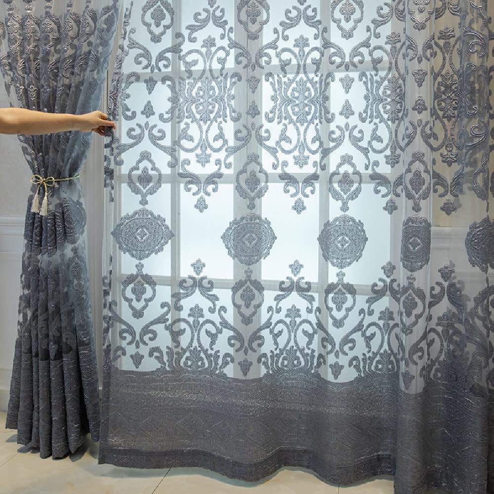 Amidoudou 1 Pair Luxury European Sheer Curtains Hollow Embroidered Tulle Curtains for Bedroom Living Room (Gray,54x96 Inch)