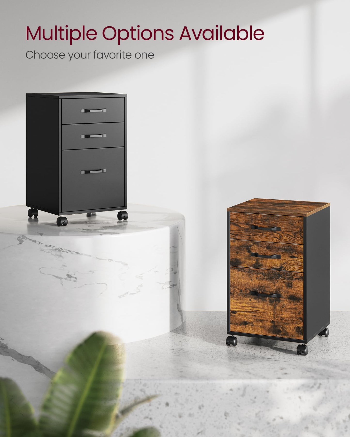 VASAGLE Custos Collection - Mobile File Cabinet, 3 Drawers Filing Cabinet with Wheels, for Home Office, for A4, Letter Sized Documents, Adjustable Hanging Rail, Rustic Brown and Black UOFC065B01