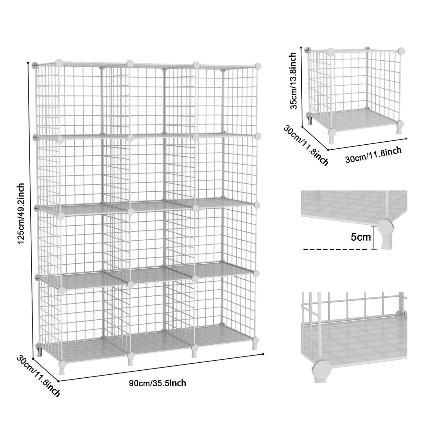 ATTDETJL 12-Cube Storage Organizer, Metal Wire Cube Shelving Unit, 11.8" L x 11.8" W x 11.8" H, Modular Grid Bookshelf for Closet, Bedroom, Office, White ATTJL12W
