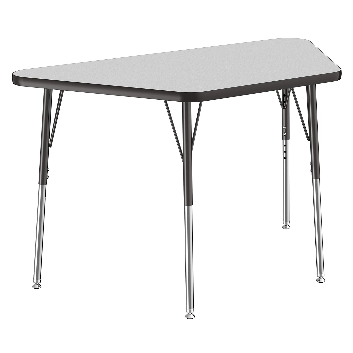 FDP Trapezoid Activity School and Office Table (24 x 48 inch), Standard Legs with Swivel Glides for Collaborative Seating Environments, Adjustable Height 19-30 inches - Gray Top and Black Edge