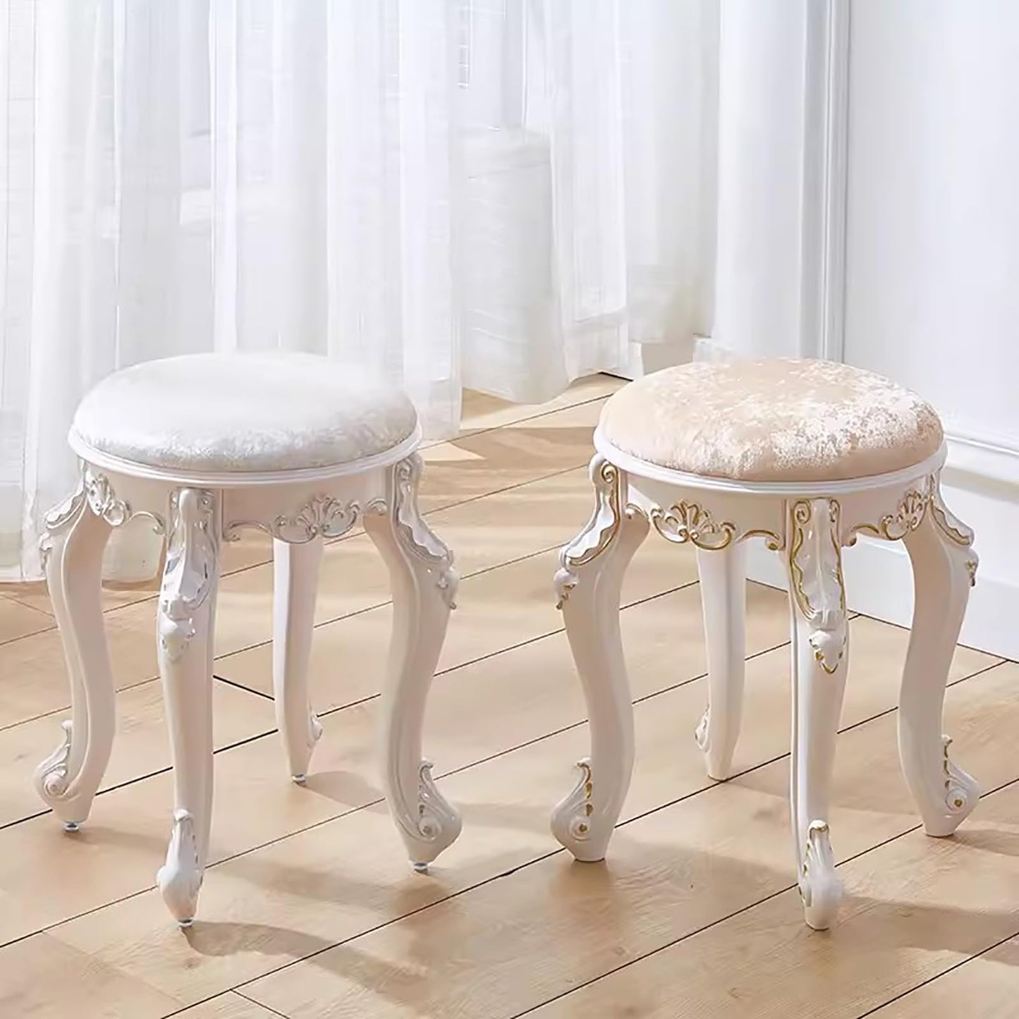 Lebolna Vintage Vanity Stool Vanity Chair,Round & Rectangular Makeup Stool,Cute Ottomans Bench Seat Bathroom Vanity Stool,Victorian Style,Sitting Height 17 Inch(Round, Red Velvet), 3344qtyy30