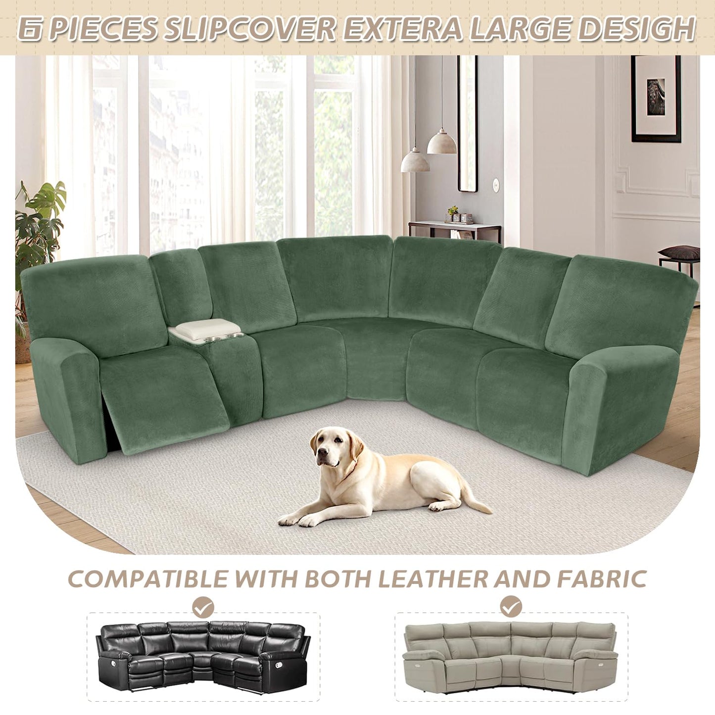 Arfntevss Sectional Recliner Couch Covers Velvet Washable Corner Sectional Sofa Cover for Reclining Stretch Soft Thick L Shape Recliner Slipcover Set (5 Seat with 1 Console Cover, Grayish Green)