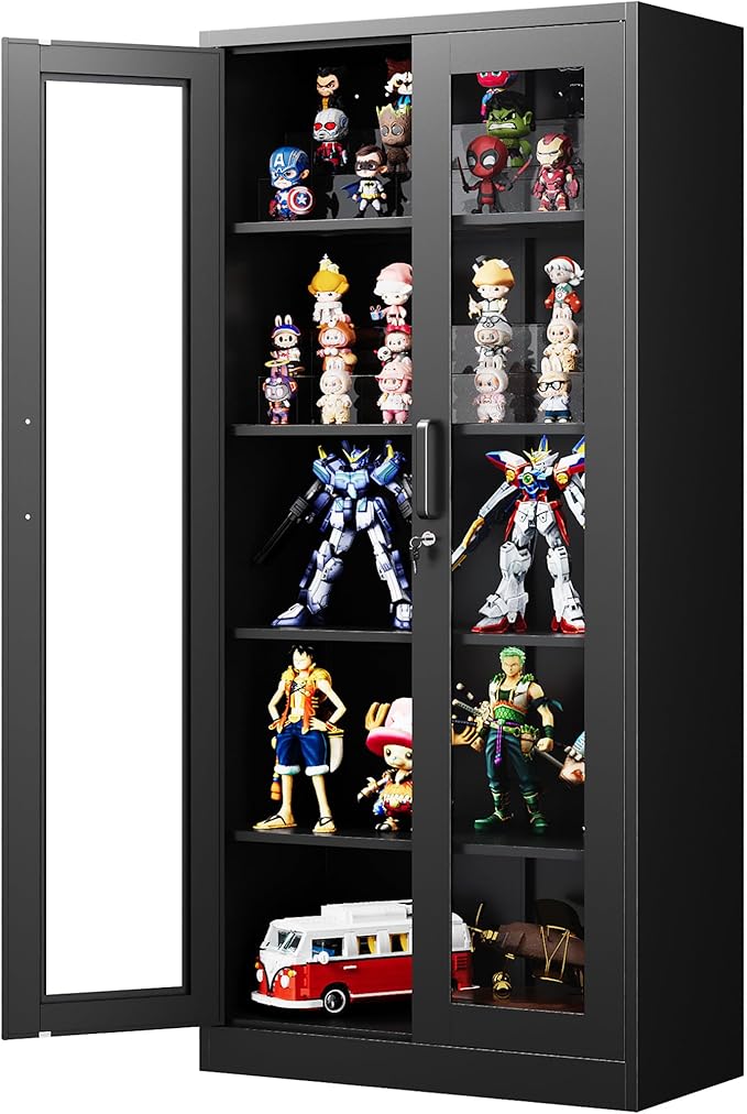 PEUKC Display Cabinet with Glass Doors, 71 Inches Metal Display Case with 4