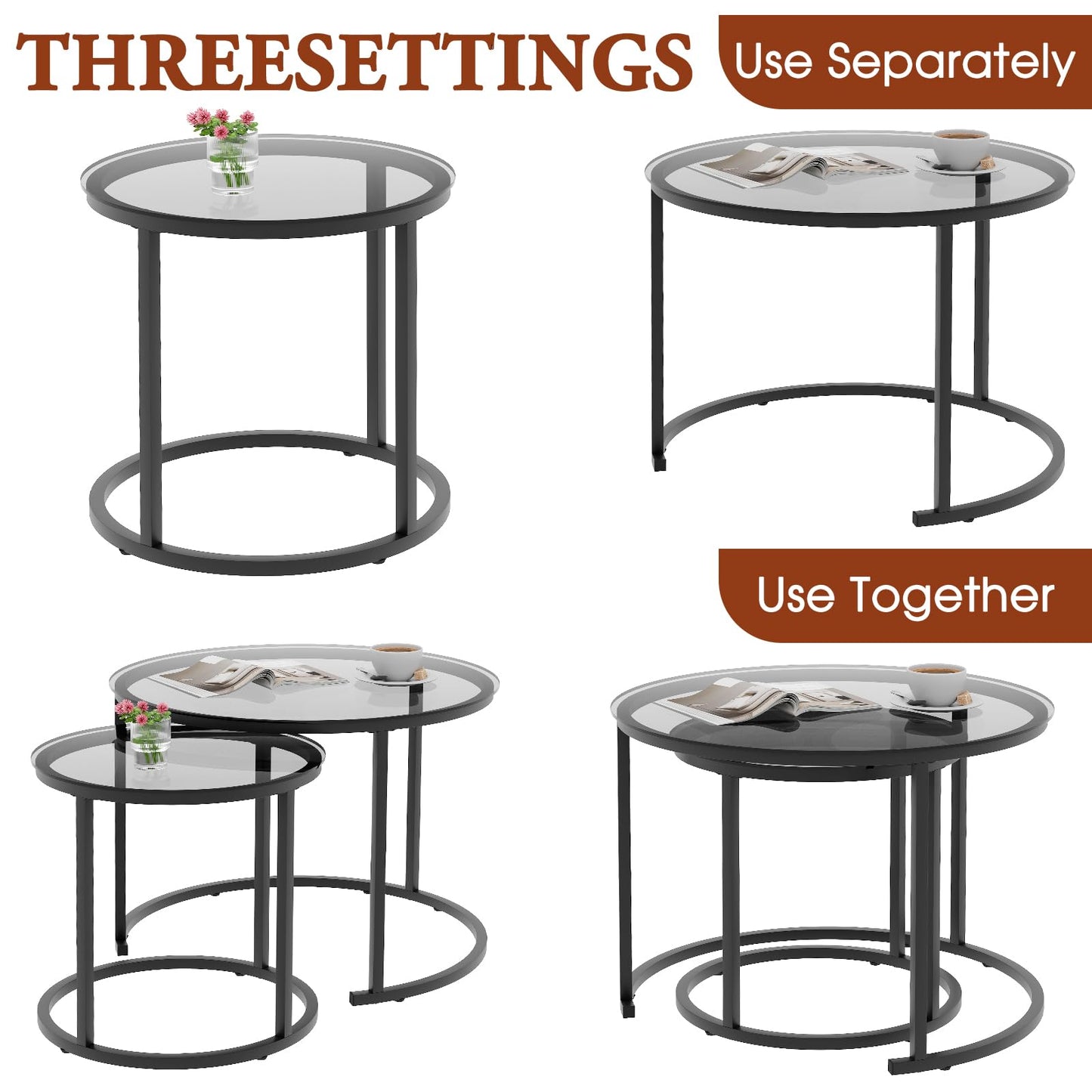 aboxoo Nesting Coffee Table Grey Glass Table Set of 2, Small Round Glass Nesting Tables for Living Room Bedroom, Accent Tea Table with Metal Frame Modern Industrial Simple