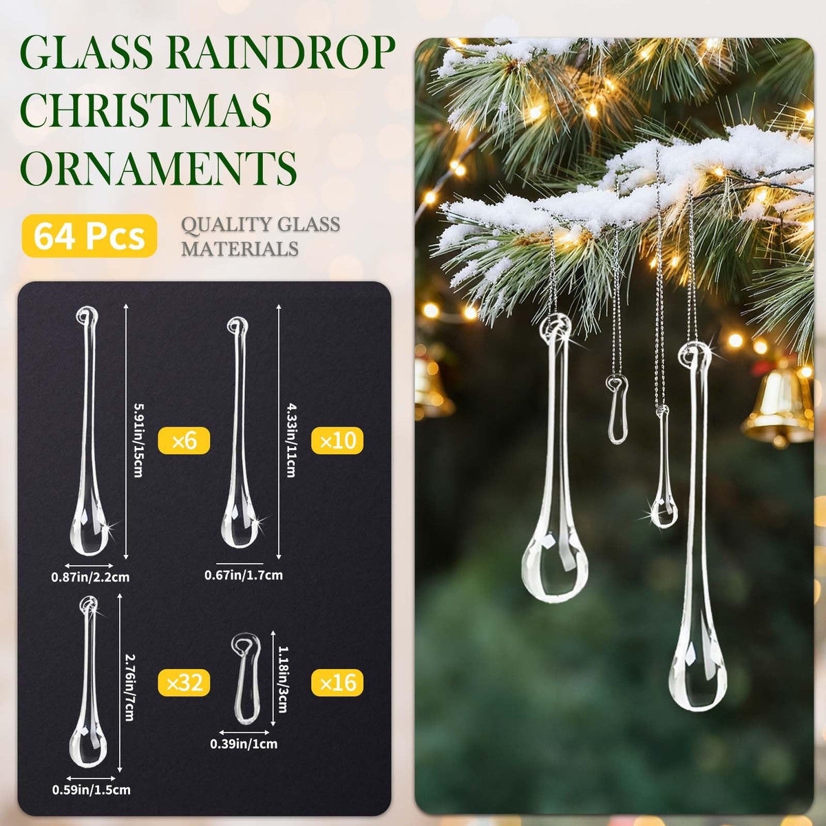 OuMuaMua 64 Pcs Glass Raindrop Christmas Ornaments Crystal Teardrop Hanging Ornaments Clear Chandelier Drop Pendant Decorations for Christmas Tree Winter New Year Party Supplies Home Decor