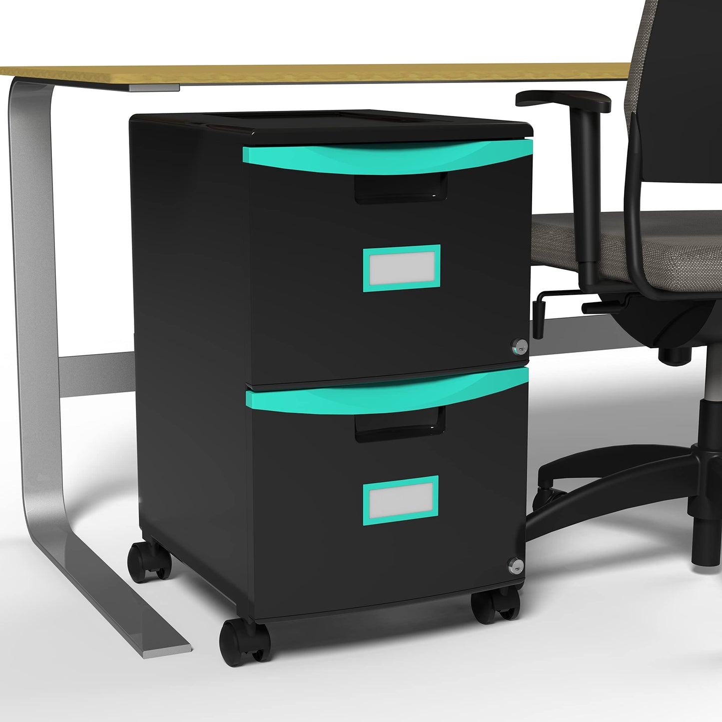 Storex Two-Drawer Mobile Filing Cabinet, 2 Legal/letter-Size File Drawers, Black/teal, 14.75" X 18.25" X 26"