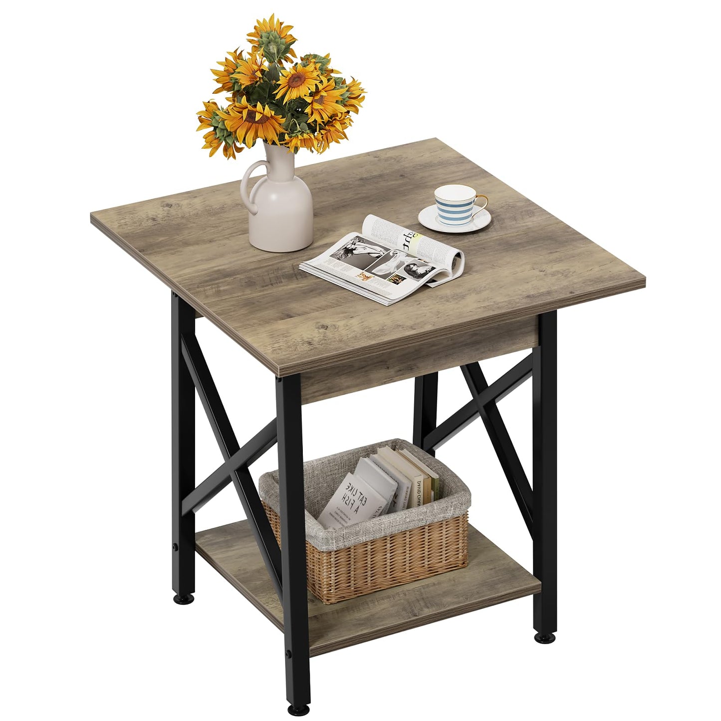 GreenForest Square End Table for Living Room, 24 Inch Large Side Table with X-Frame, Farmhouse Tall Bedside Nightstand with 2-Tier Storage Shelf, Gray Wash