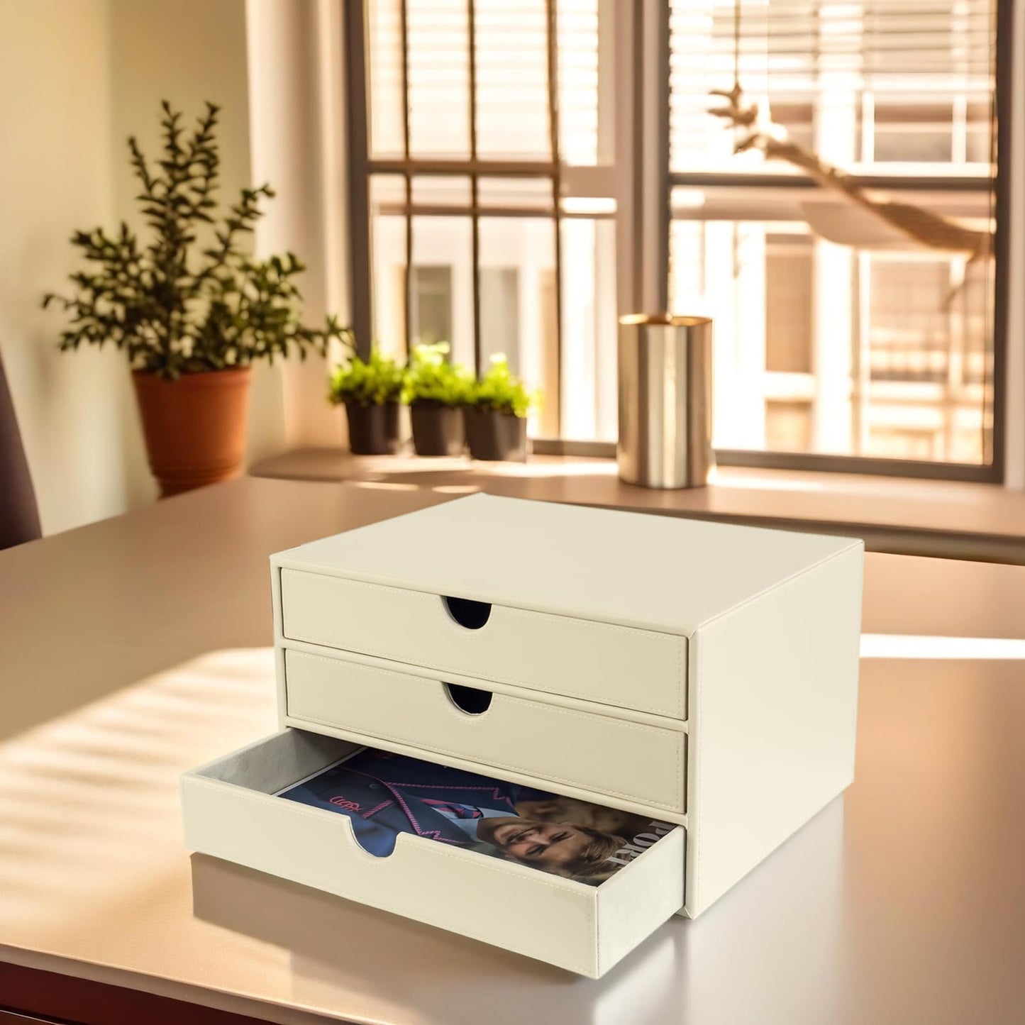 UnionBasic Document Organizer, 3-Drawer File Cabinet Document Storage Box, Office Desktop Filing Organizer, Seashell