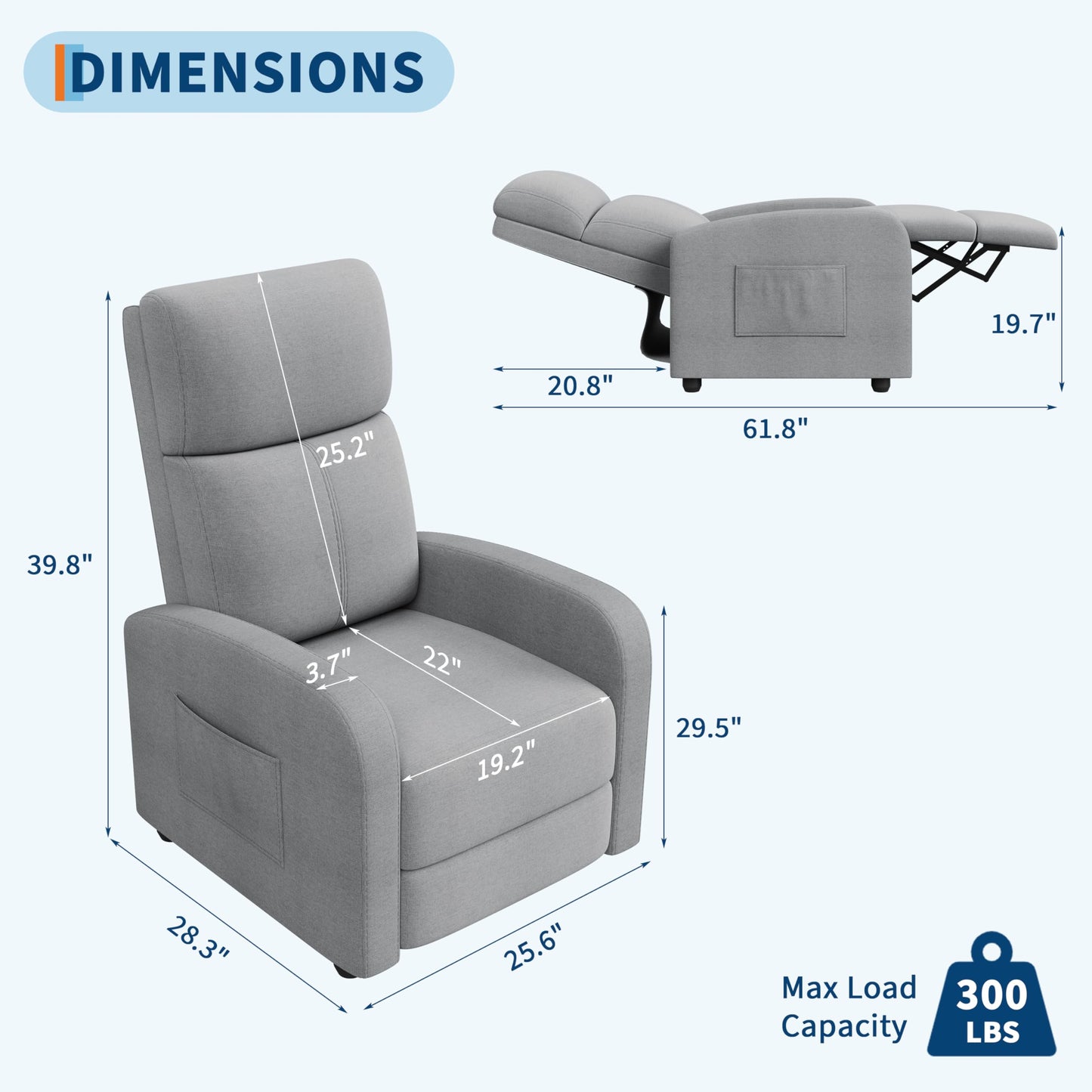 Manual Recliner Chair for Adults, Linen Upholstered Reclining Armchair with High Back & Retractable Footrest, Compact Single Sofa with Side Pocket for Nursery, Bedroom & Living Room, Grey