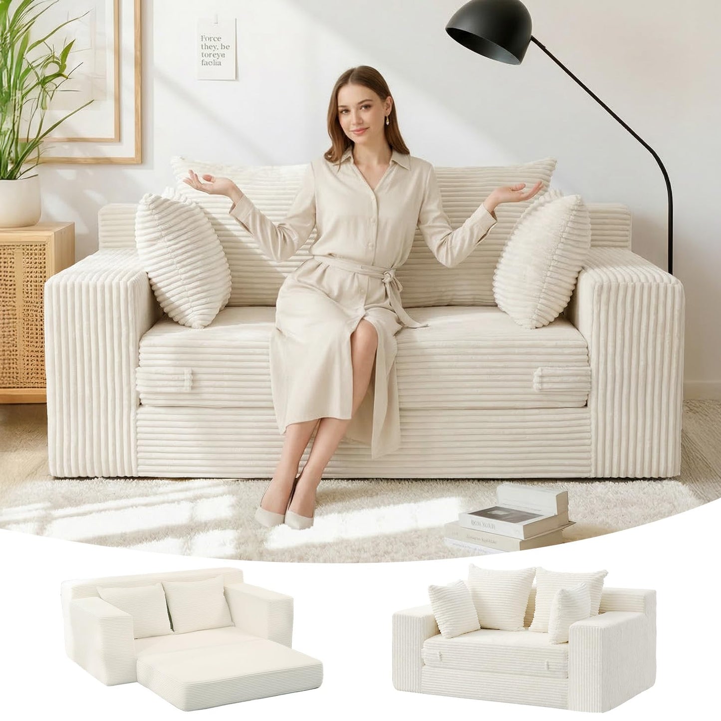 Winzoo Boneless Loveseat Sleeper Sofa Bed, 3-in-1 Convertible Sofa Bed and Futon Couch with 4 Pillows, 55" Beige Boneless Couch for Living Room, Guest Room, Small Space, No Assembly Required, Corduroy
