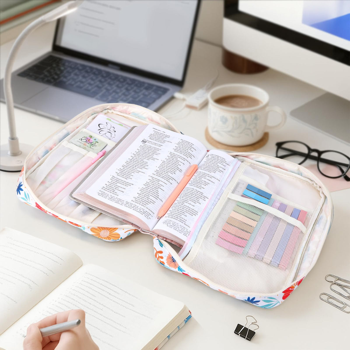 XKDOUS Bible Cover Case for Women Floral Pattern Bible Bag with Handle, Pens & Tabs, Study Supplies Carrying Case Organizer Portable Church Book Holder