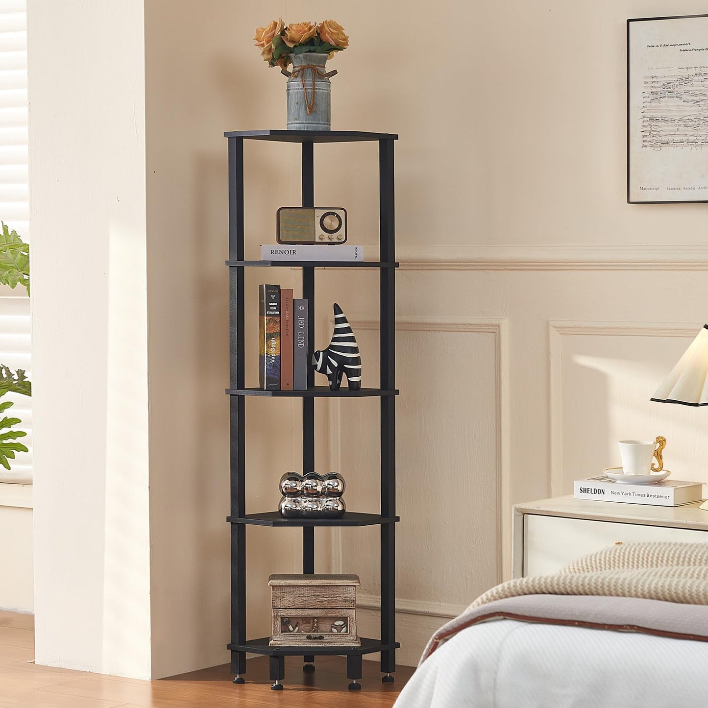 YUFAM 5-Tier Corner Shelf with Sturdy 5-Leg Base, Wooden Corner Bookshelf for Small Spaces, Corner Standing Shelf for Living Room, Bedroom, Office, Black