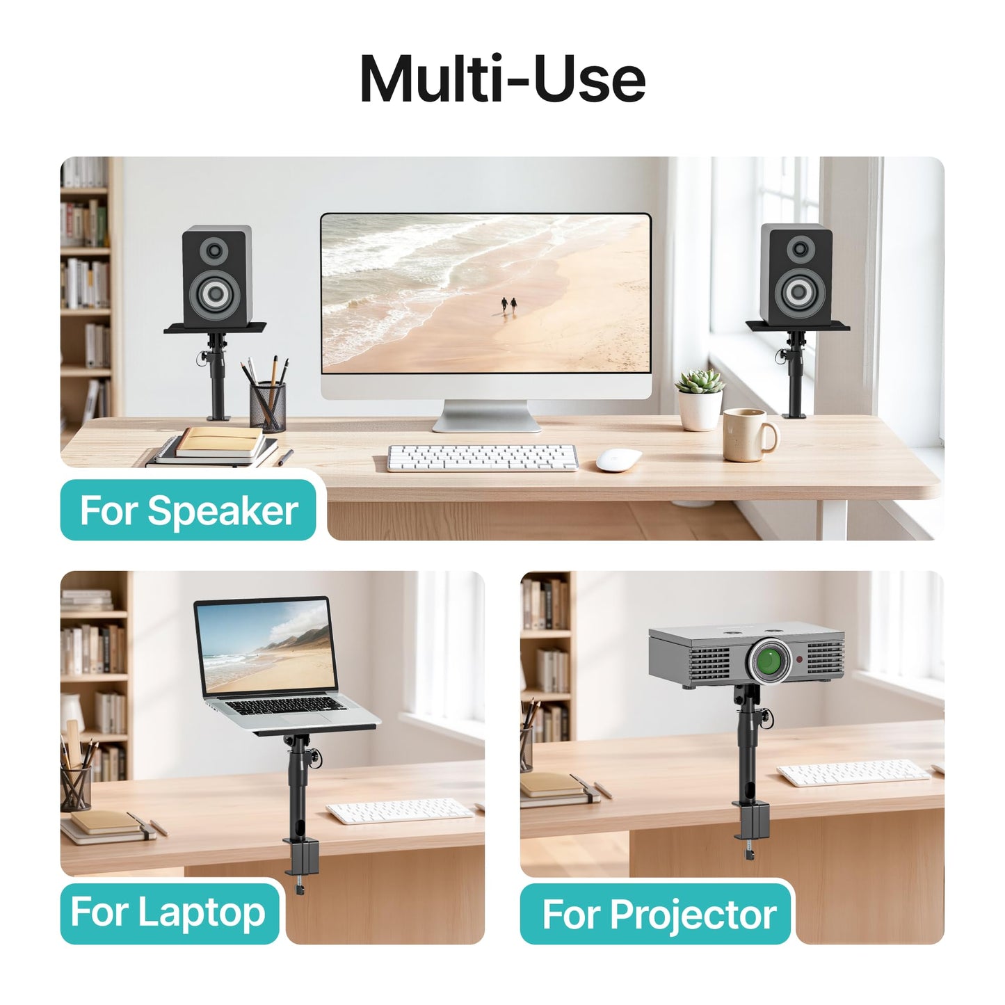 Adjustable Clamp-on Speaker Stand Pair, Height Tilt Swivel Adjustable Desktop Speaker Mounts, Heavy Duty Universal Monitor Speaker Stands for Home Office Studio Bookshelf Speakers,Black