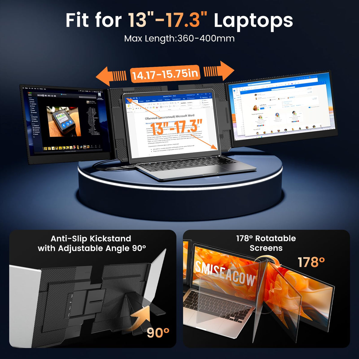 SMISEACOW Triple Laptop Screen Extender 15.6", 1080P FHD IPS 0.18" Ultra-Slim & 3.9 lbs, Plug-Play Portable Triple Monitor for Laptops Fits 13-17.3" Laptops, Compatible with Win/Mac/Android