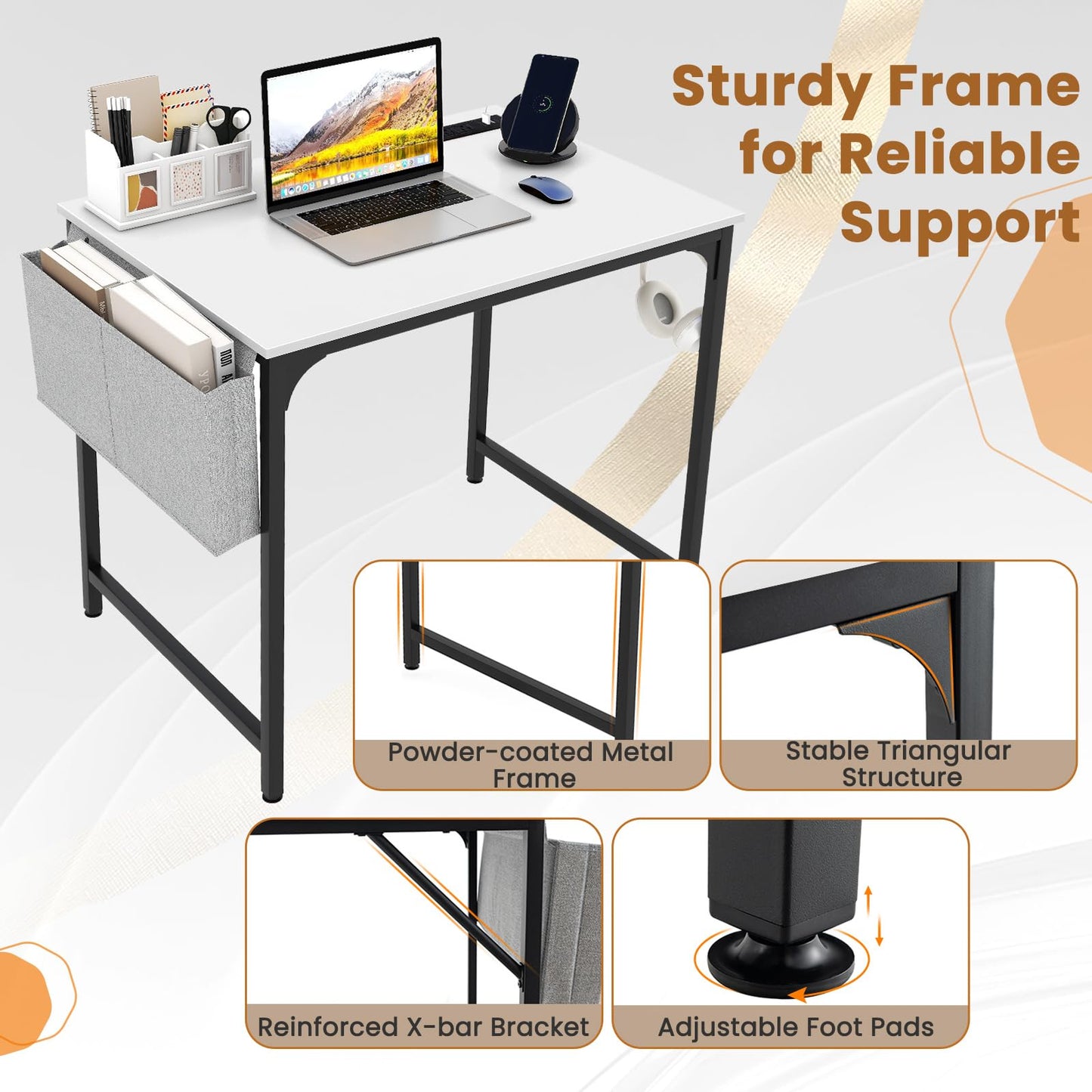 Giantex 32 Inch Computer Desk with Charging Station, Home Office Writing Desk with Storage Bag & Headphone Hook, Compact Gaming Table PC Workstation, Modern Simple Laptop Desk for Bedroom, Study