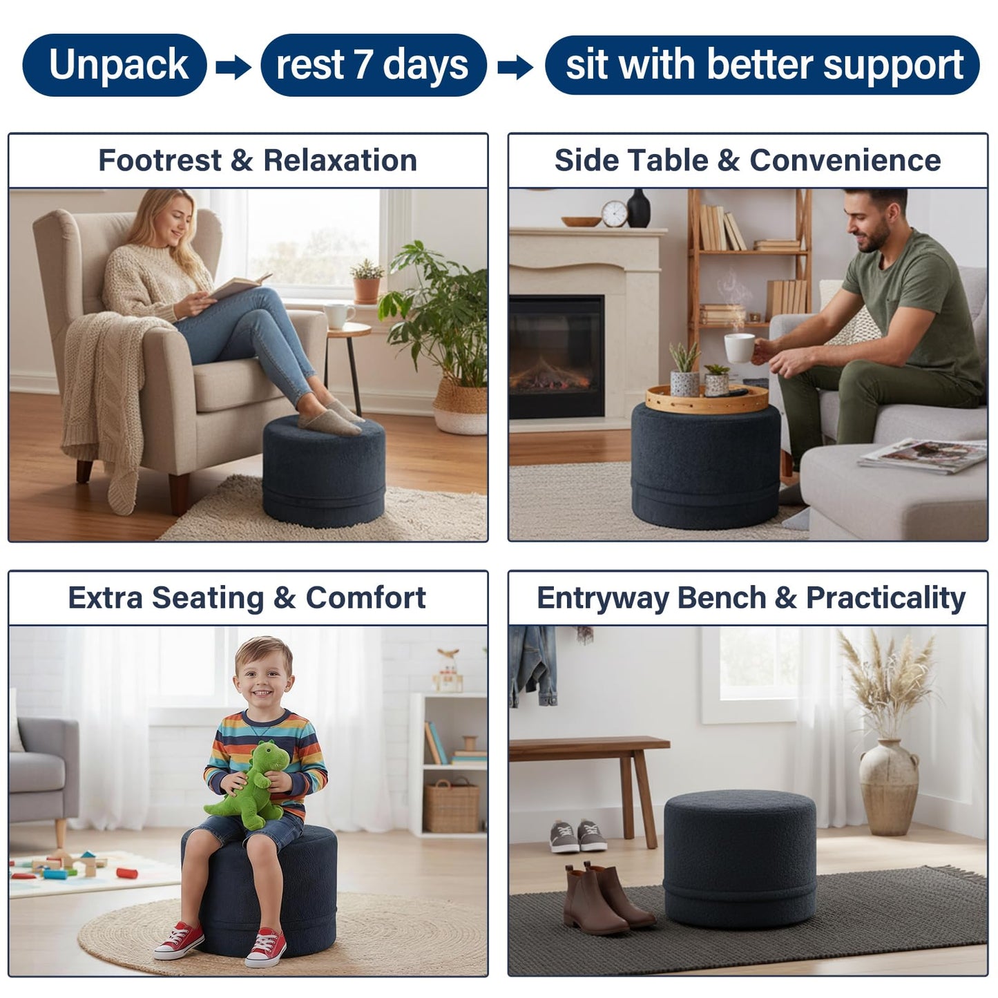 Tiita Stuffed Pouf Ottoman, Round Foot Stool Fluffy Floor Poufs Chair for Living Room Bedroom, Filled Boho Foot Rest for Couch, Blue-Grey