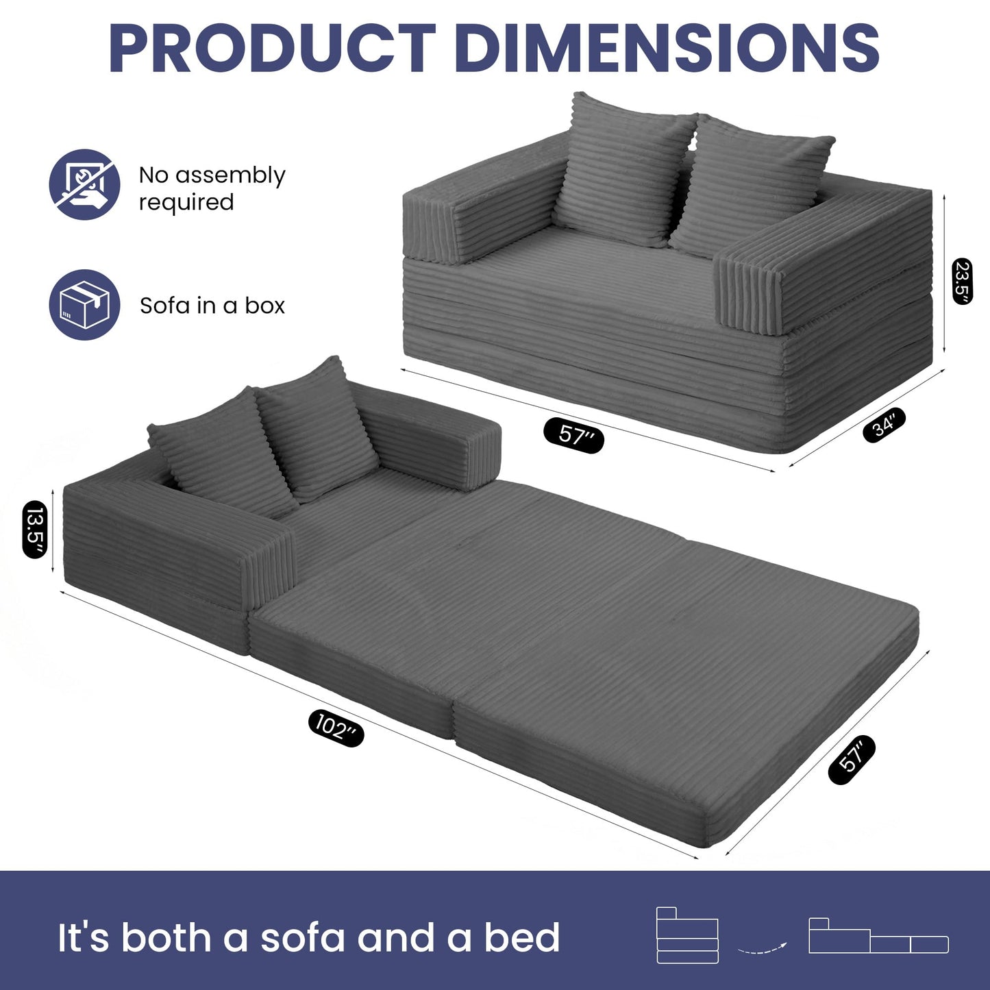 Winzoo Convertible Sofa Bed, 4-in-1 Boneless Loveseat with Removable Armrests Backrest, Corduroy Futon Couch Bed with Pillow, Foldable Mattress Sleeper Sofa for Living Room Bedroom Small Place (Grey)