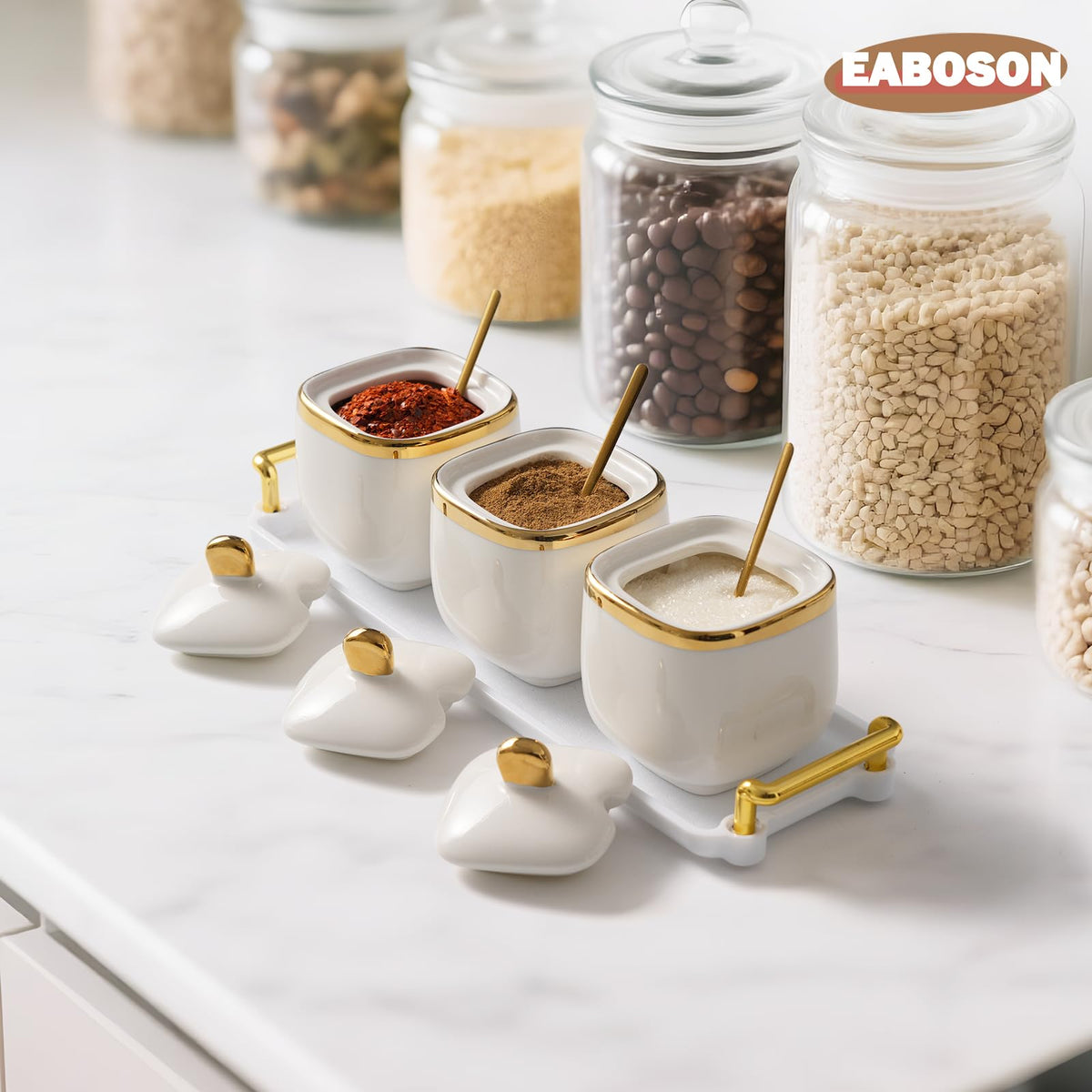 EABOSON 3 Pack Gold Condiment Spice Jars with Lids, Spoons, Tray - Ceramic Seasoning Box Set for Salt, Pepper, Sugar - Kitchen Storage