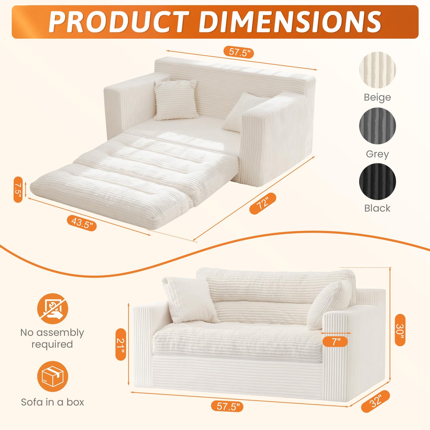 Erament Boneless Loveseat Sofa Couch, 2 in 1 Convertible Sofa Bed with Pillows, Fold Out Bean Bag Chair Boneless Floor Couch for Living Room Bedroom Office Lounge Apartment, No Assembly Needed, Beige