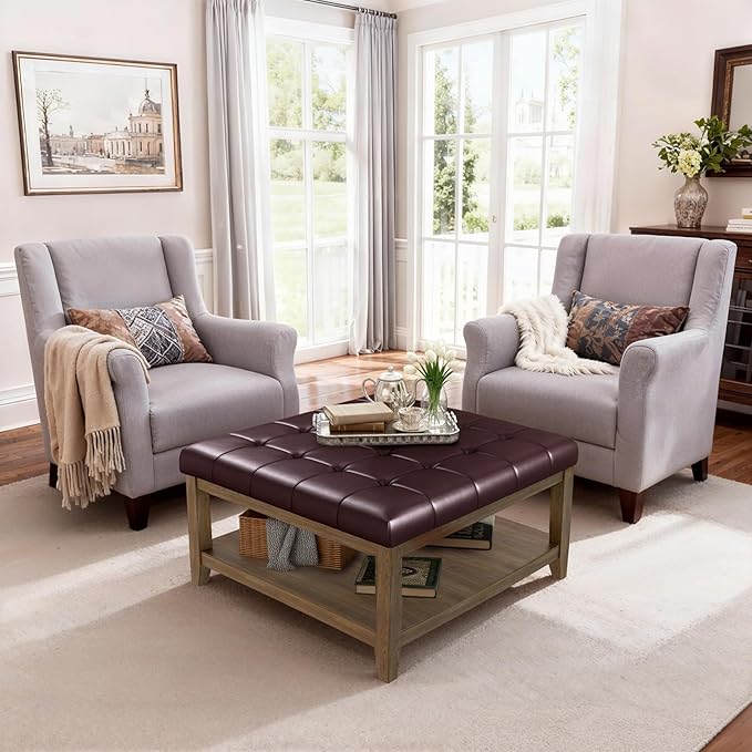 ABHENG 31.5” Large Square Storage Ottoman, Upholstery Solid Rubberwood Coffee